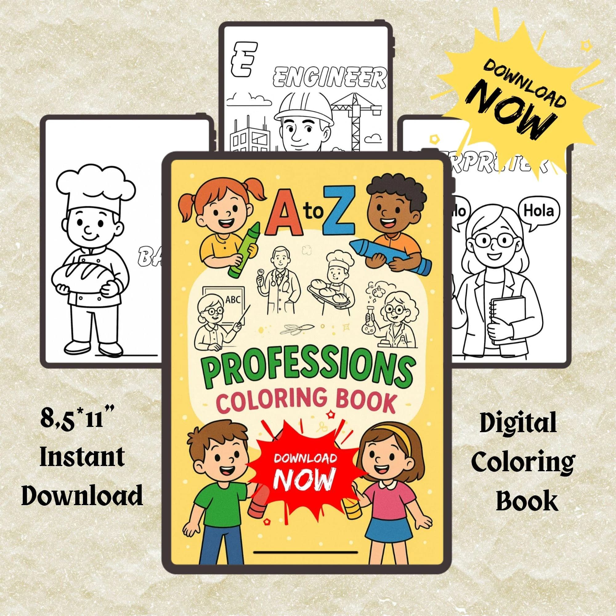 Professions Coloring Book for Kids – A to Z Alphabet Activity (Printable PDF)