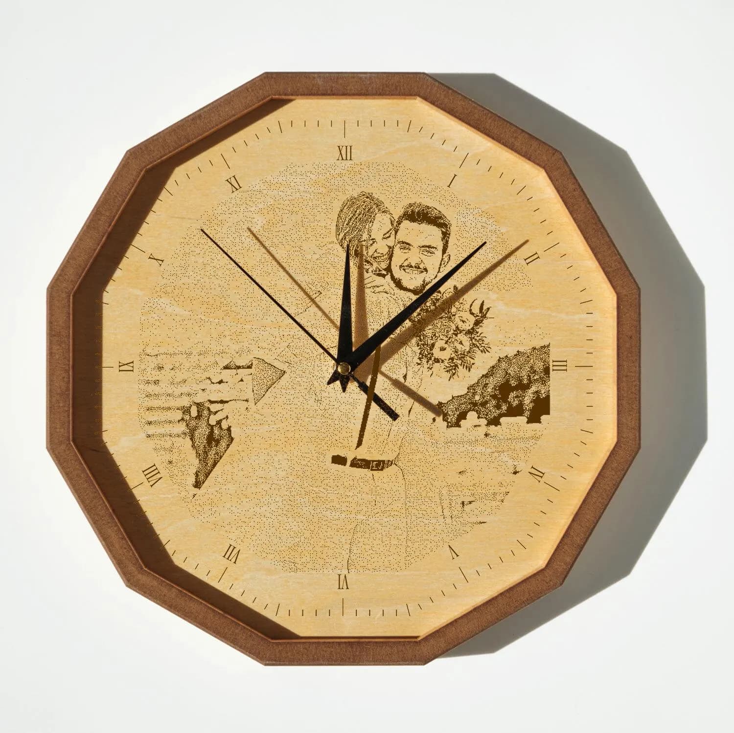 Custom Photo Engraved Wooden Wall Clock – Personalised Couple Gift, Anniversary Keepsake, Wedding Gift for Him or Her, Rustic Home Decor