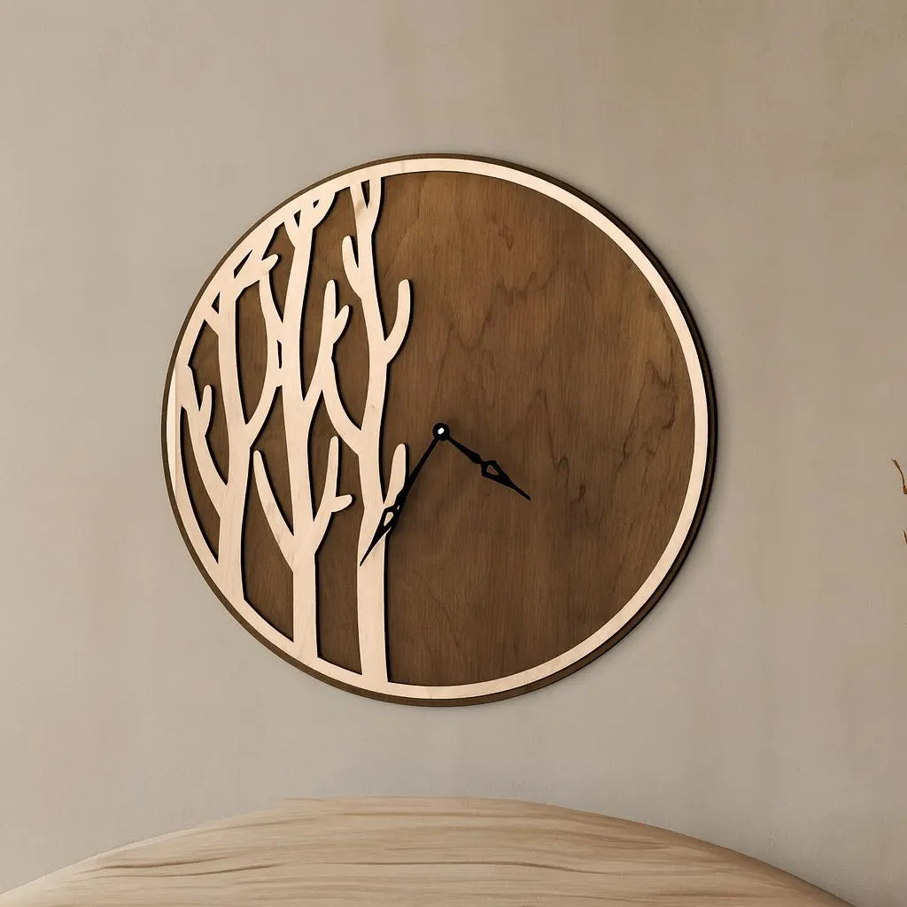 Modern Tree Wood Wall Clock, Silent Forest Wood Wall Clock, Handmade Wood Wall Clock
