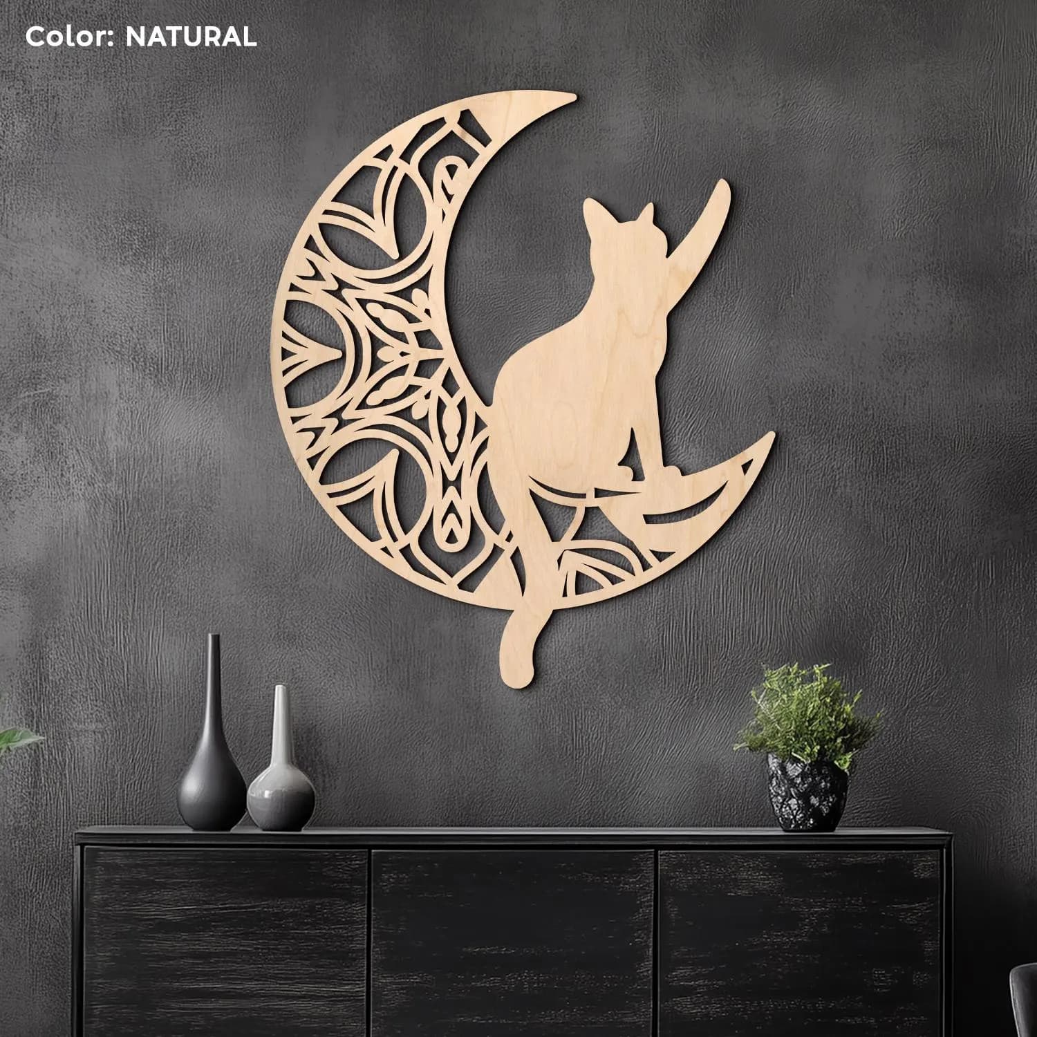 Moon Cat Wood Wall Art, Celestial Nursery Decor, Crescent Moon Silhouette