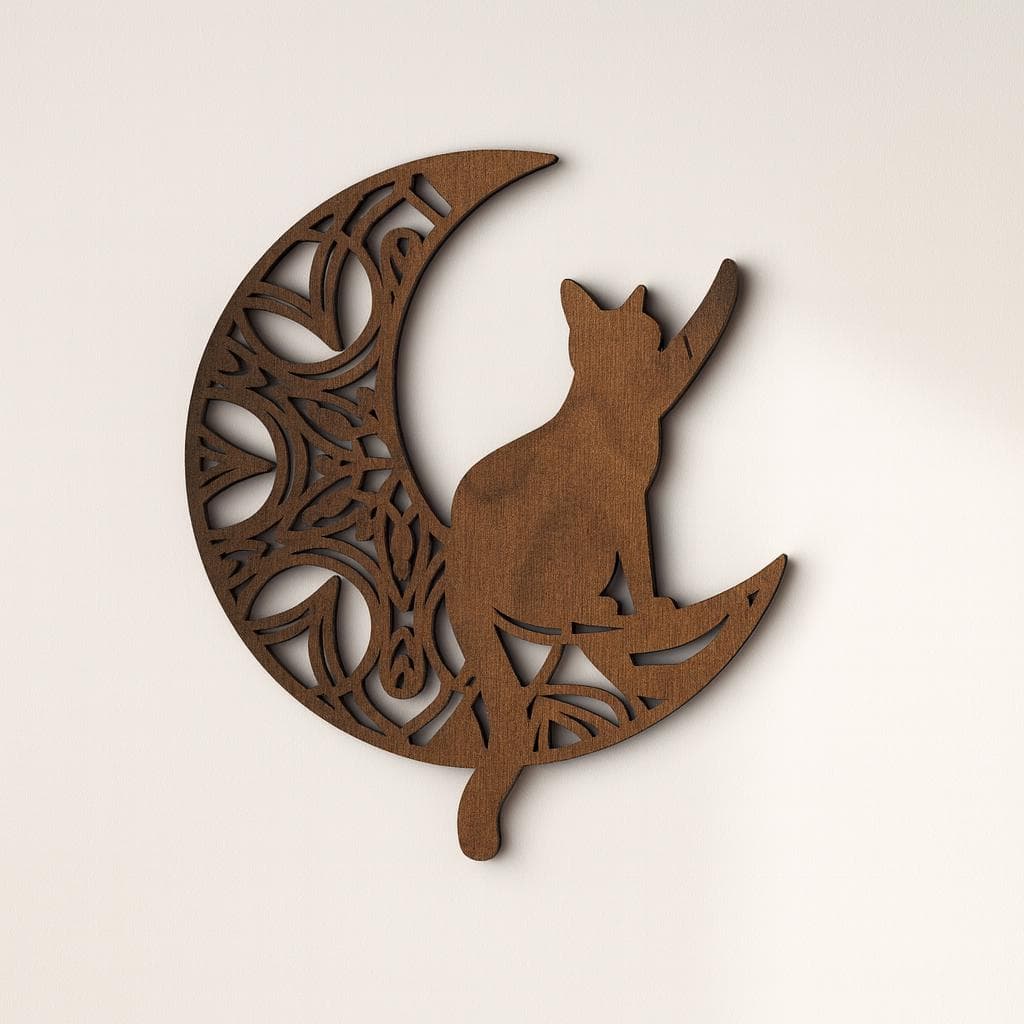Moon Cat Wood Wall Art, Celestial Nursery Decor, Crescent Moon Silhouette - image 3