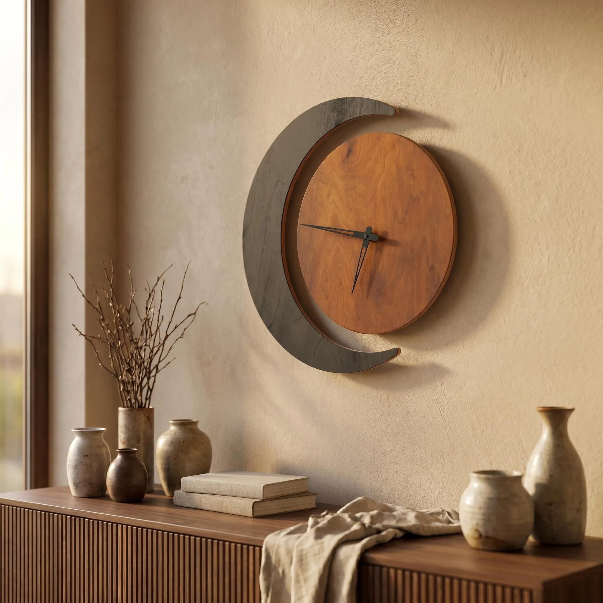 Crescent Moon Wall Clock, Wooden Moon Clock, Modern Silent Wall Clock, Celestial Wood Clock, Boho Living Room Decor - image 5