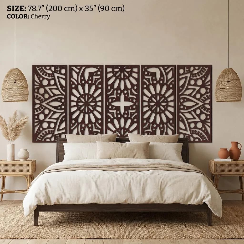 Mandala Headboard Panels, Boho Plywood Bedroom Art, Lightweight Easy Mount Bed Accent