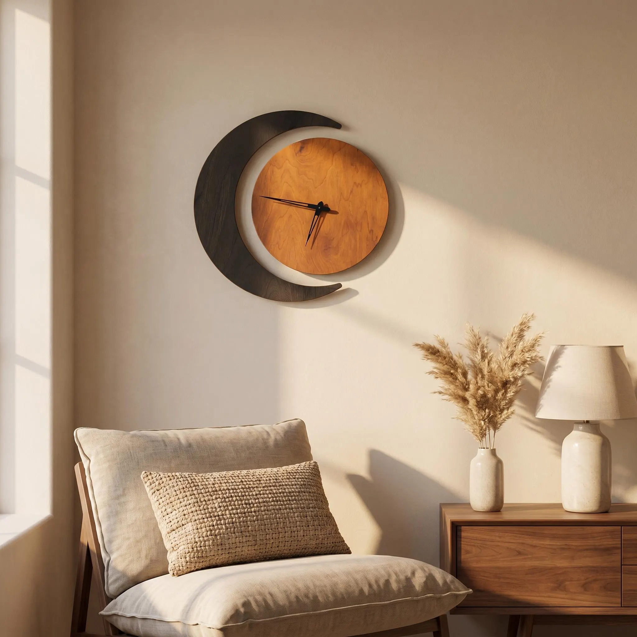 Crescent Moon Wall Clock, Wooden Moon Clock, Modern Silent Wall Clock, Celestial Wood Clock, Boho Living Room Decor - image 4