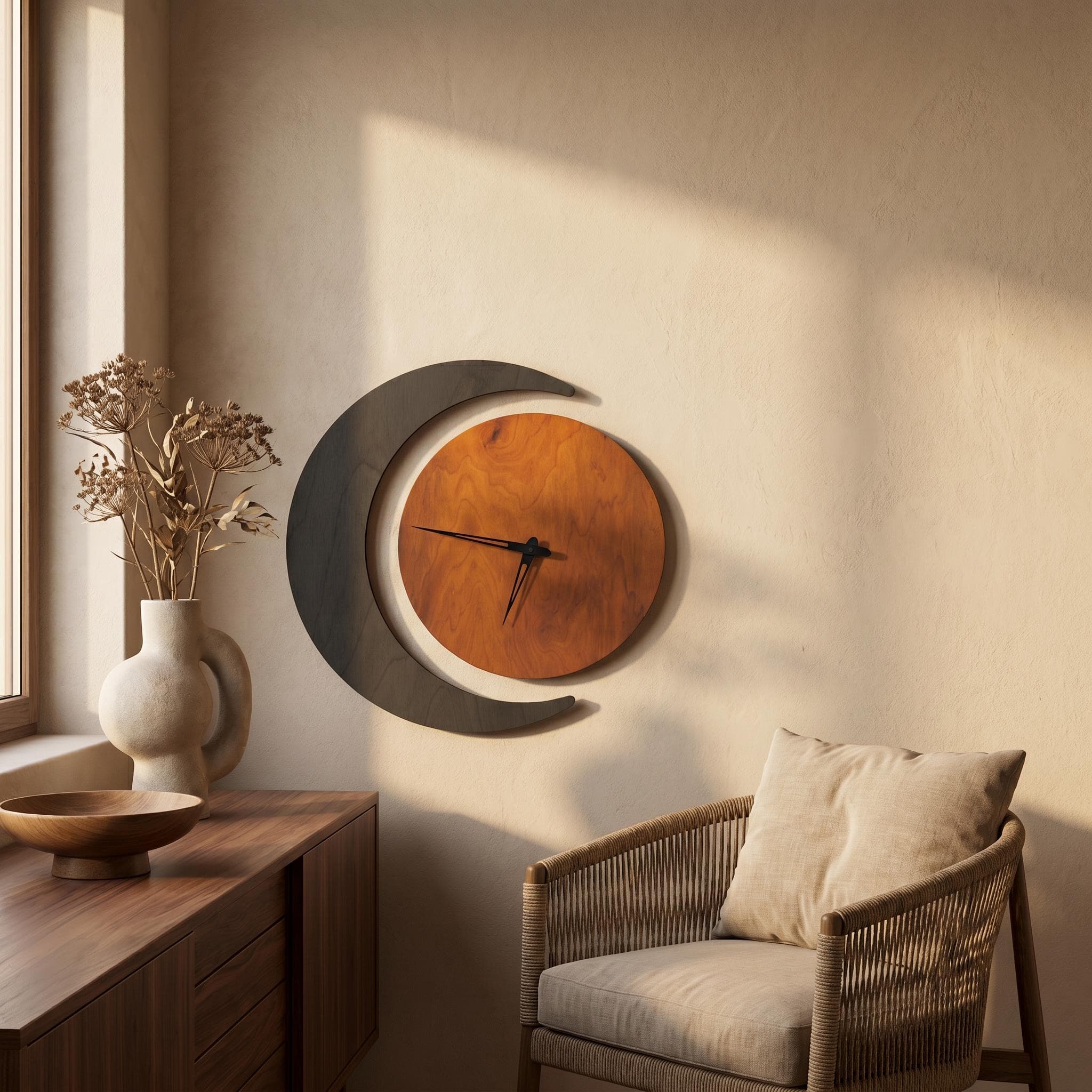 Crescent Moon Wall Clock, Wooden Moon Clock, Modern Silent Wall Clock, Celestial Wood Clock, Boho Living Room Decor