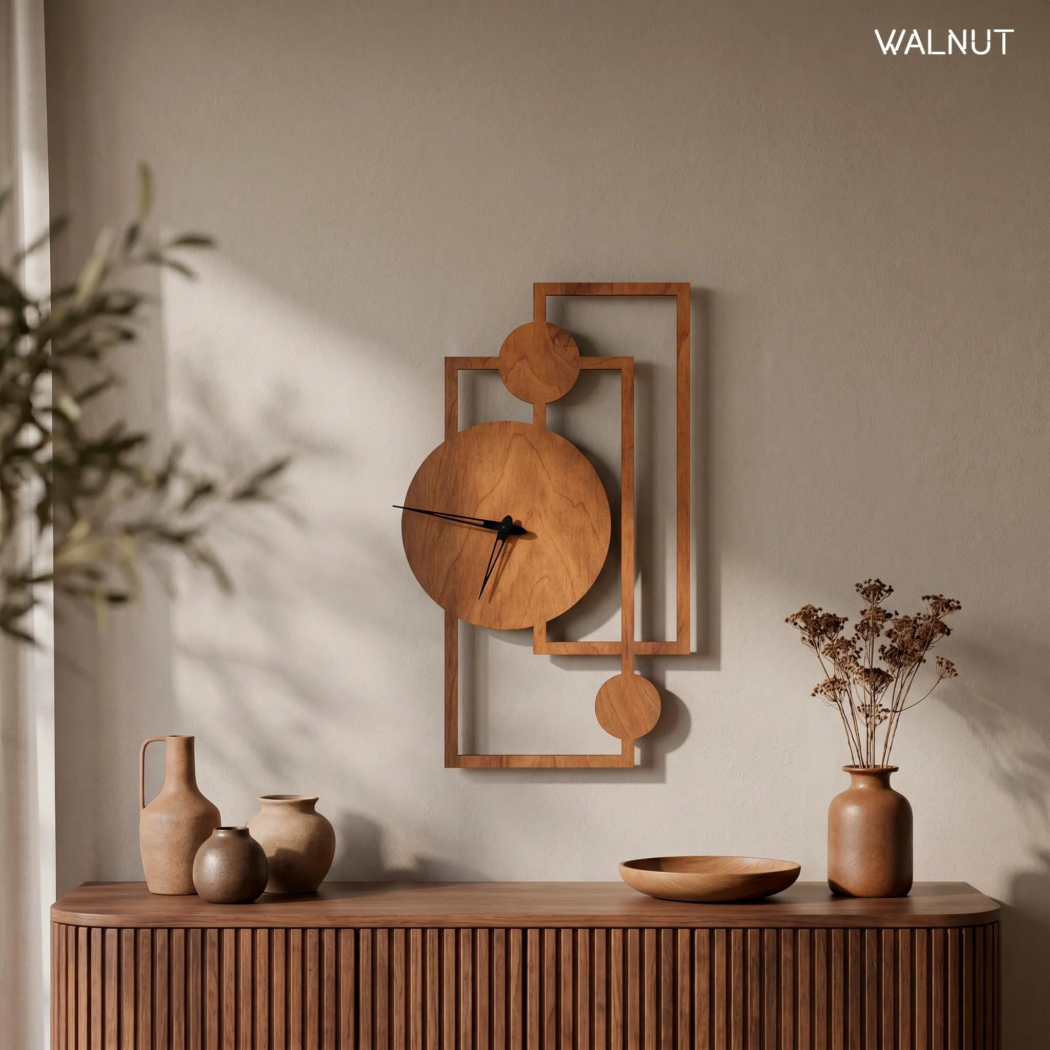 Modern Wood Wall Clock, Geometric Wooden Clock, Abstract Silent Clock, Japandi Living Room Decor, Minimalist Wall Art