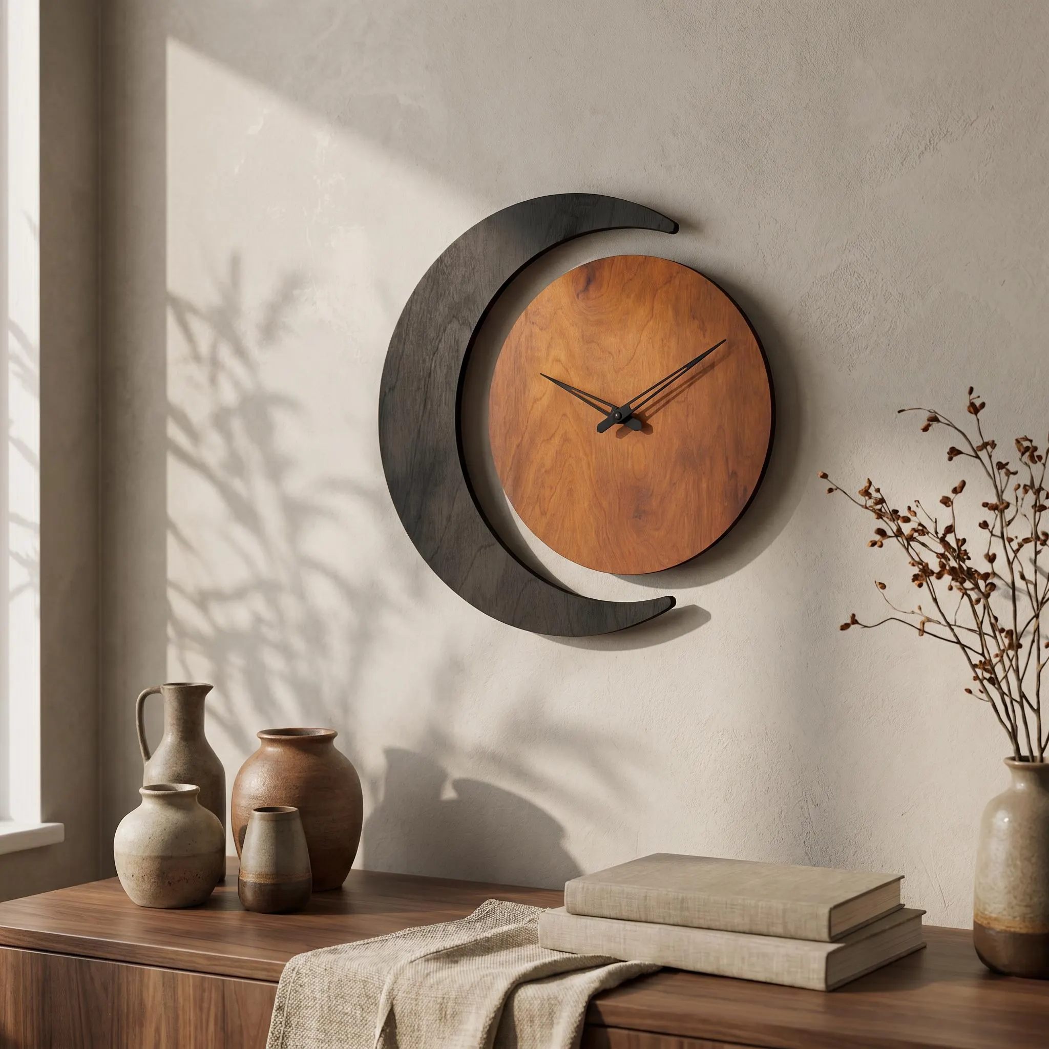 Crescent Moon Wall Clock, Wooden Moon Clock, Modern Silent Wall Clock, Celestial Wood Clock, Boho Living Room Decor - image 3