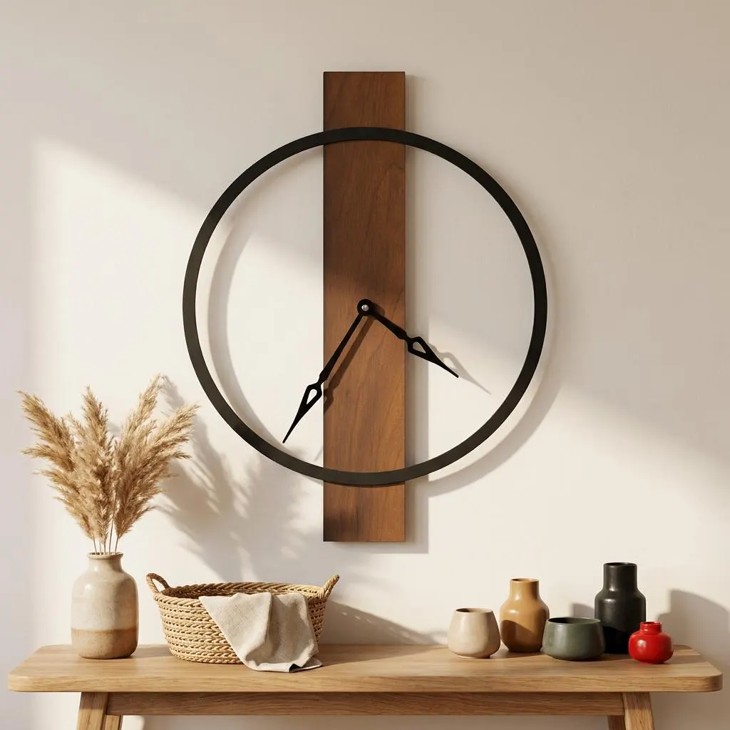 Geometric Wooden Wall Clock, Mid-Century Modern Minimalist Design, Silent Quartz Movement