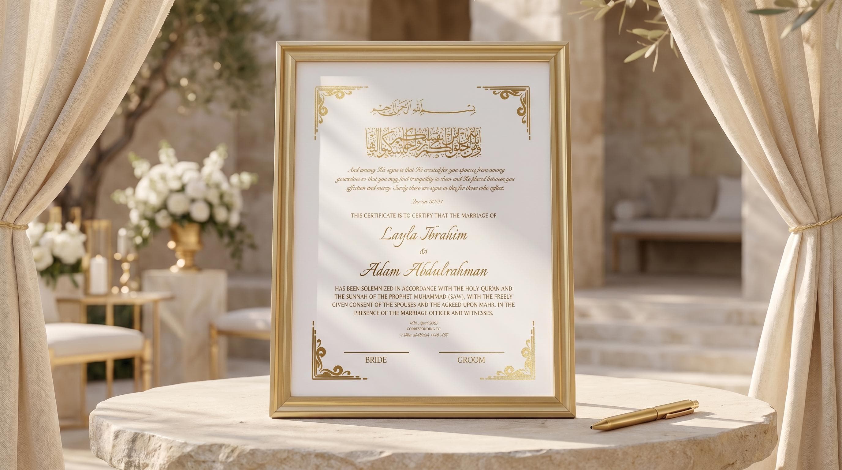 Nikkah Certificate, Personalized Islamic Marriage Certificate Muslim Wedding Framed Nikkah Contract Nama | Gold Frame Pen Gold Foil Print