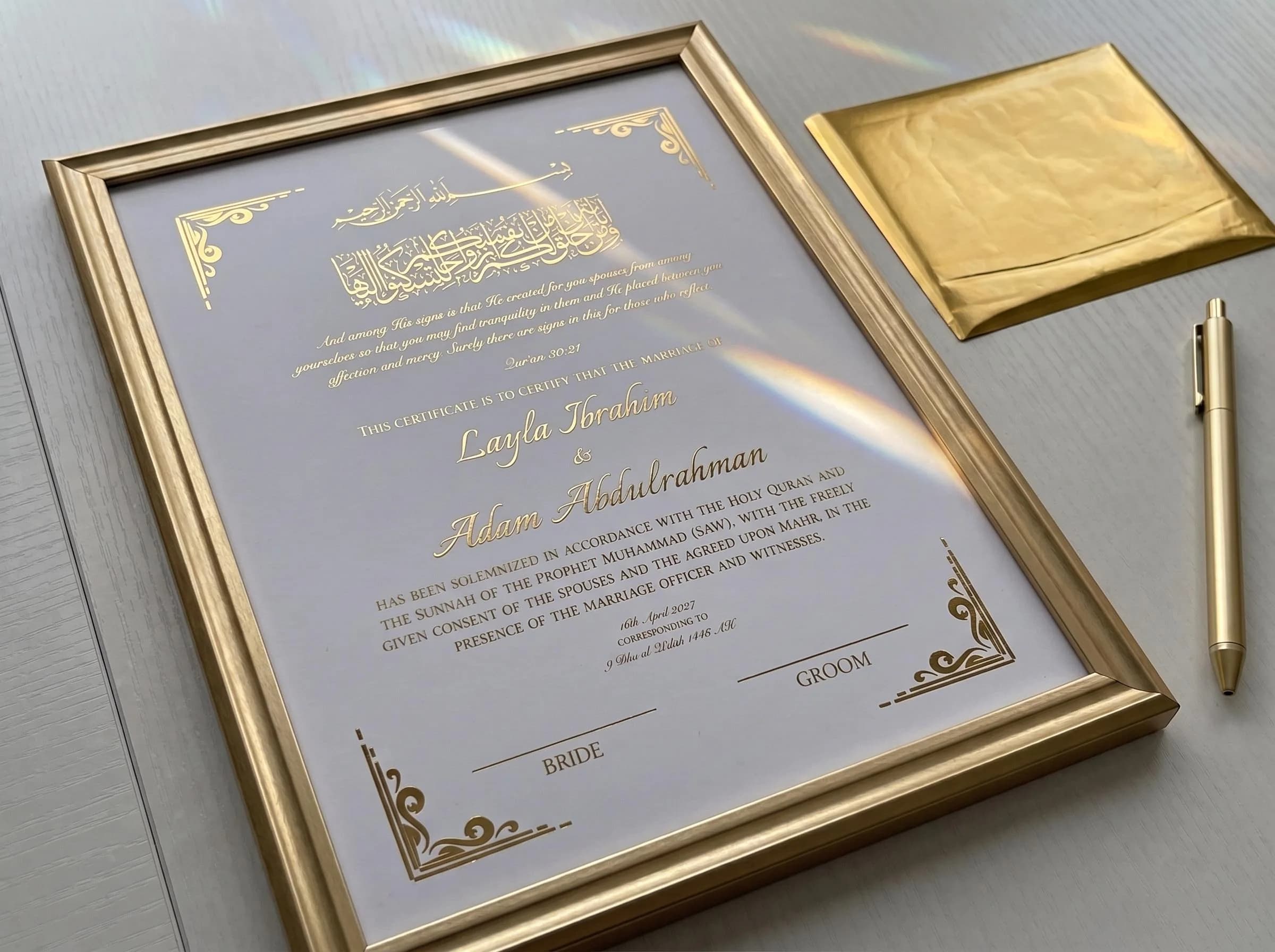 Nikkah Certificate, Personalized Islamic Marriage Certificate Muslim Wedding Framed Nikkah Contract Nama | Gold Frame Pen Gold Foil Print