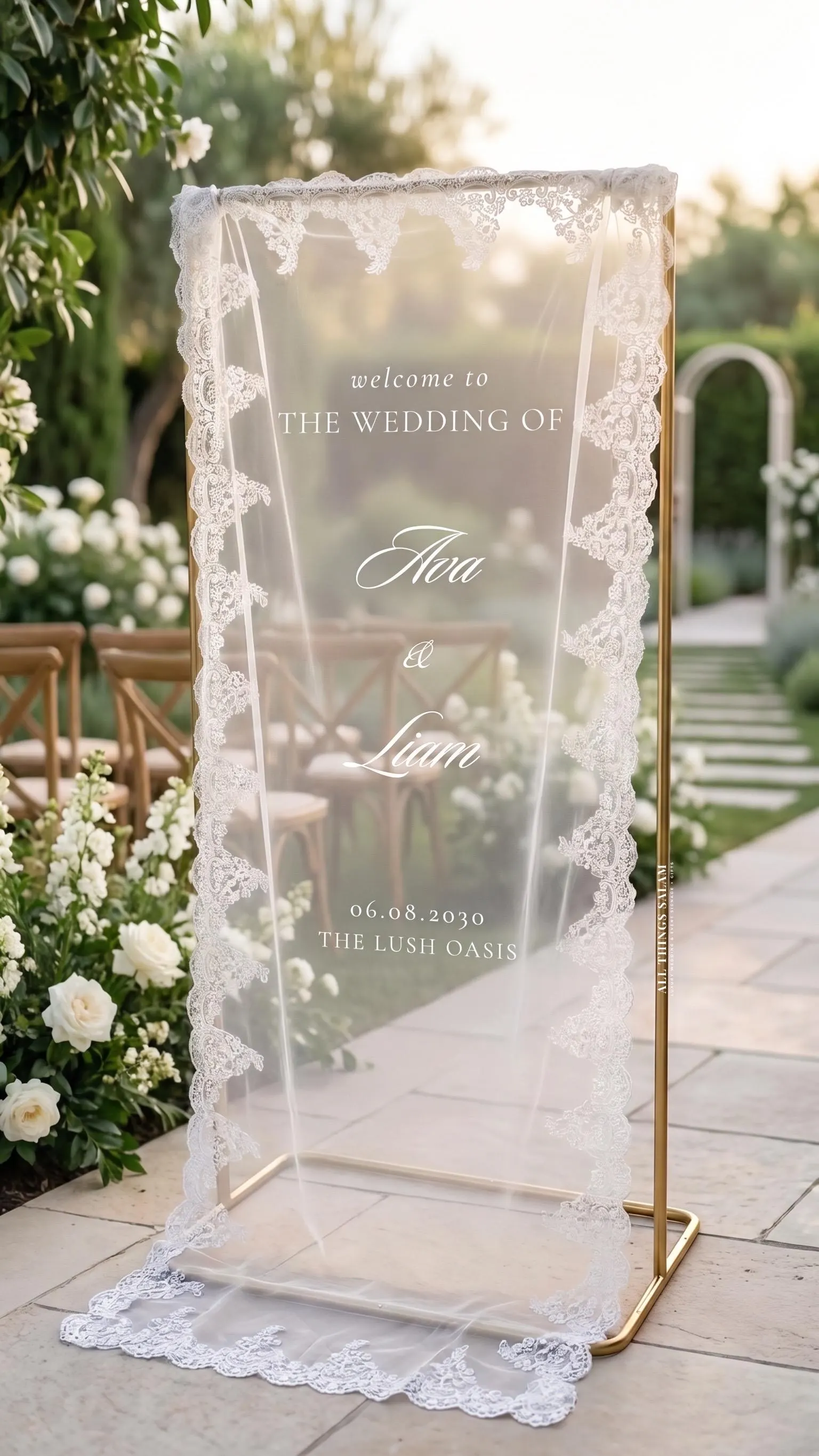 Romantic Custom Lace Wedding Sign, Sheer Tulle Backdrop, Engagement Bridal Ceremony Wedding Welcome Sign, Personalized Boho Wedding Decor