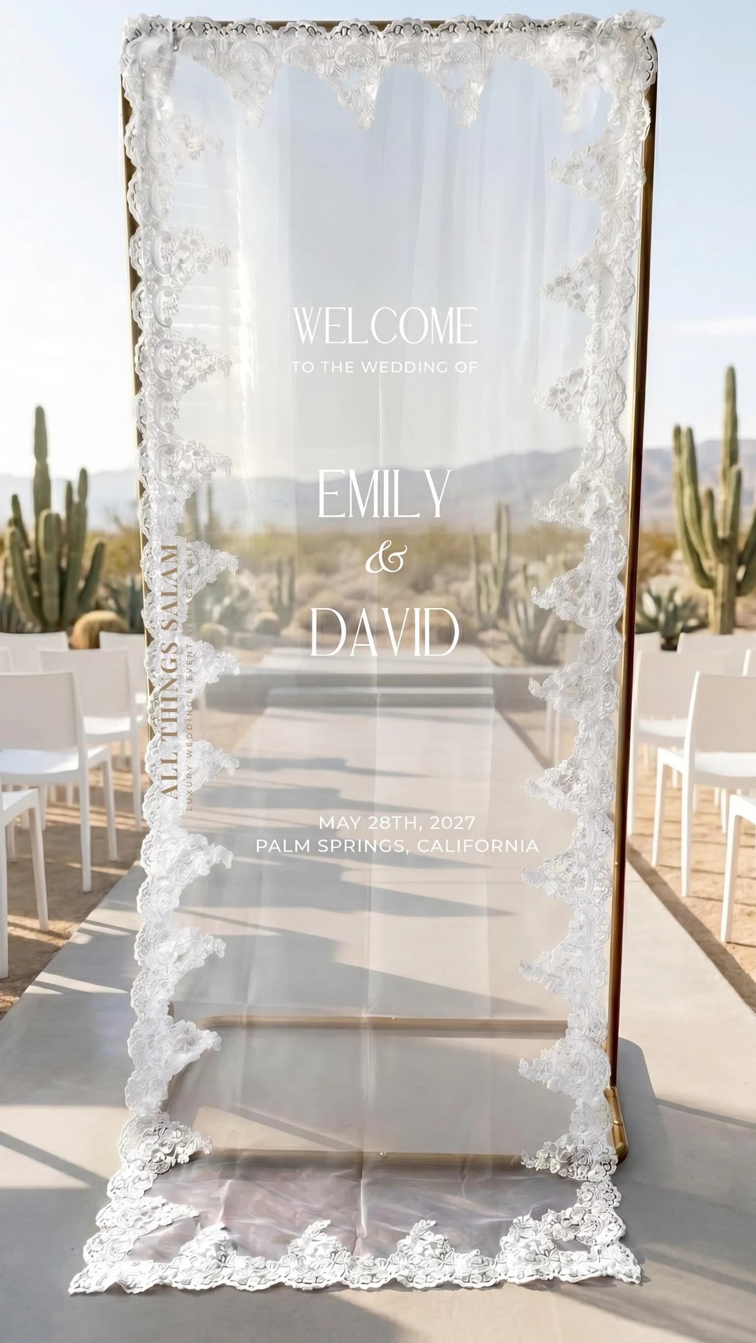Custom Lace Wedding Sign, Sheer Backdrop Engagement Bridal Shower Ceremony Welcome Sign, Personalized Boho Modern Minimalist Wedding Decor