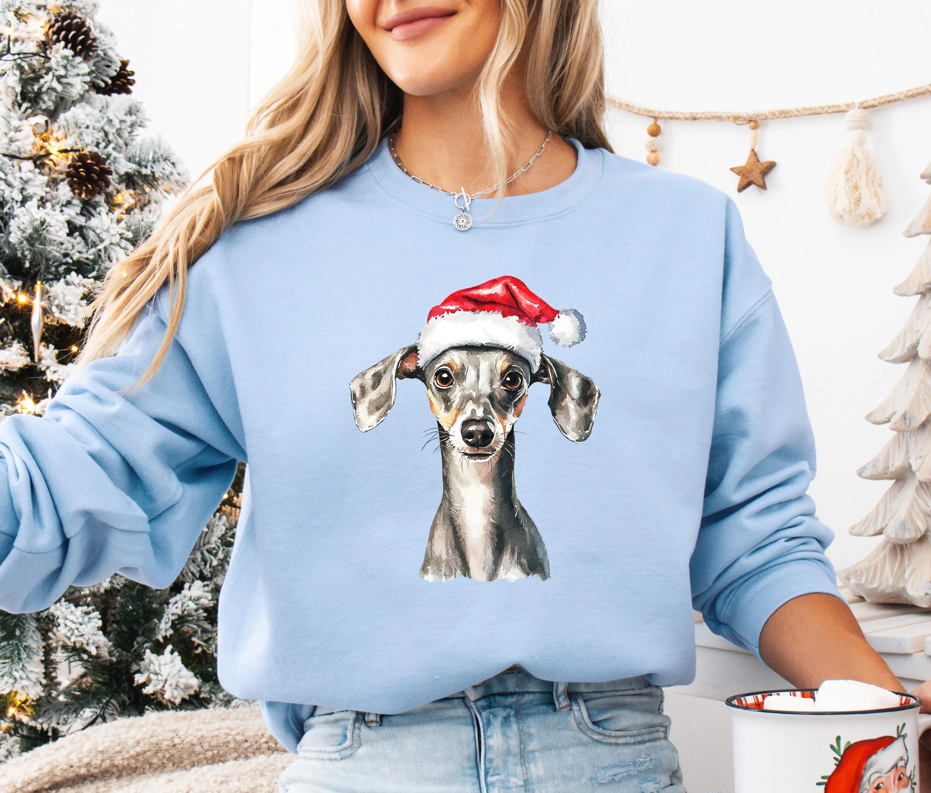 A woman wearing a blue sweatshirt with a picture of a dog wearing a Santa hat.
