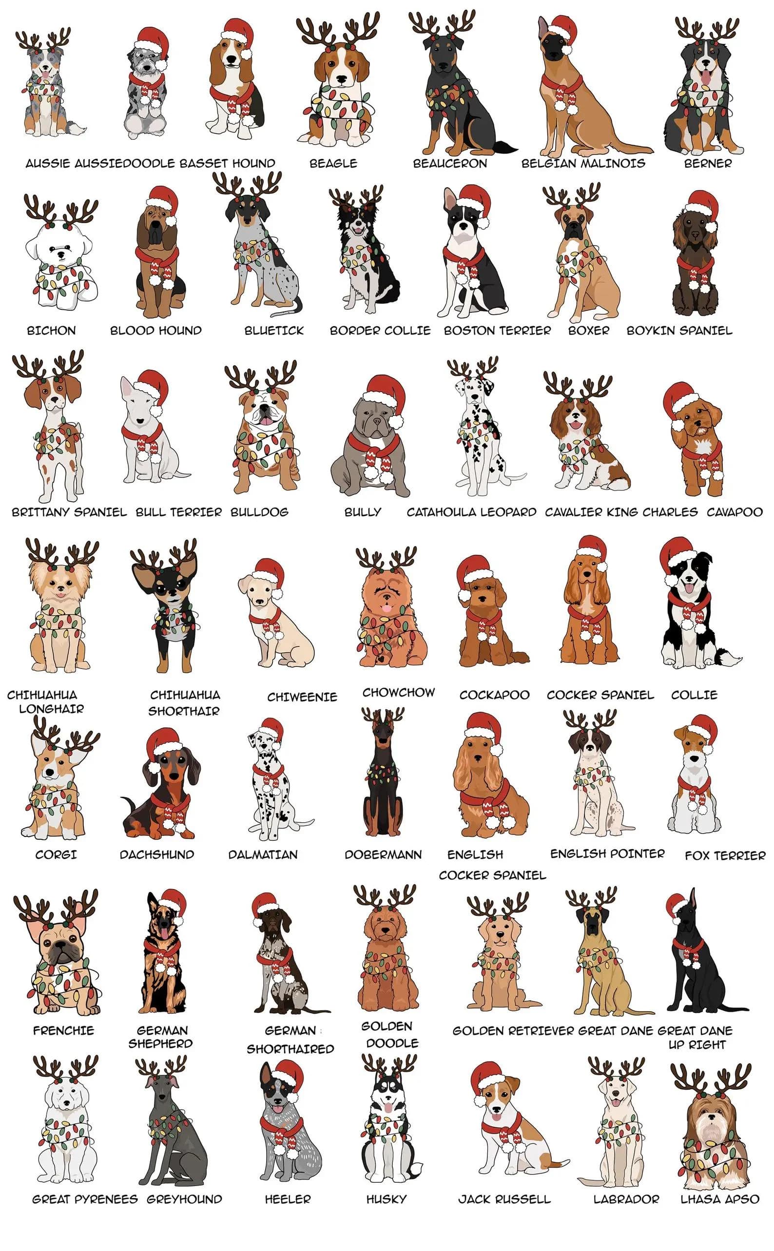 a collage of various dog breeds, each wearing a Santa hat and festive attire, likely representing a winter holiday theme.