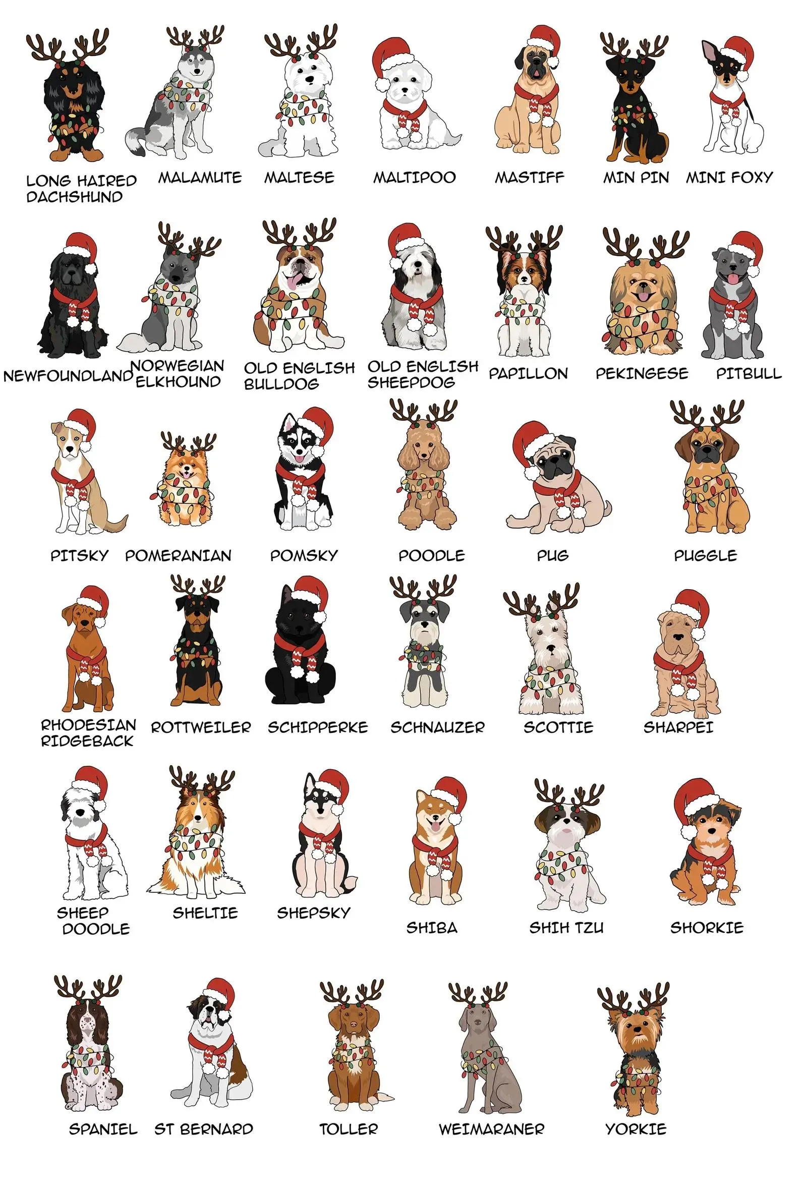 a collection of 24 different dog illustrations, each wearing a festive Christmas-themed outfit and hat.