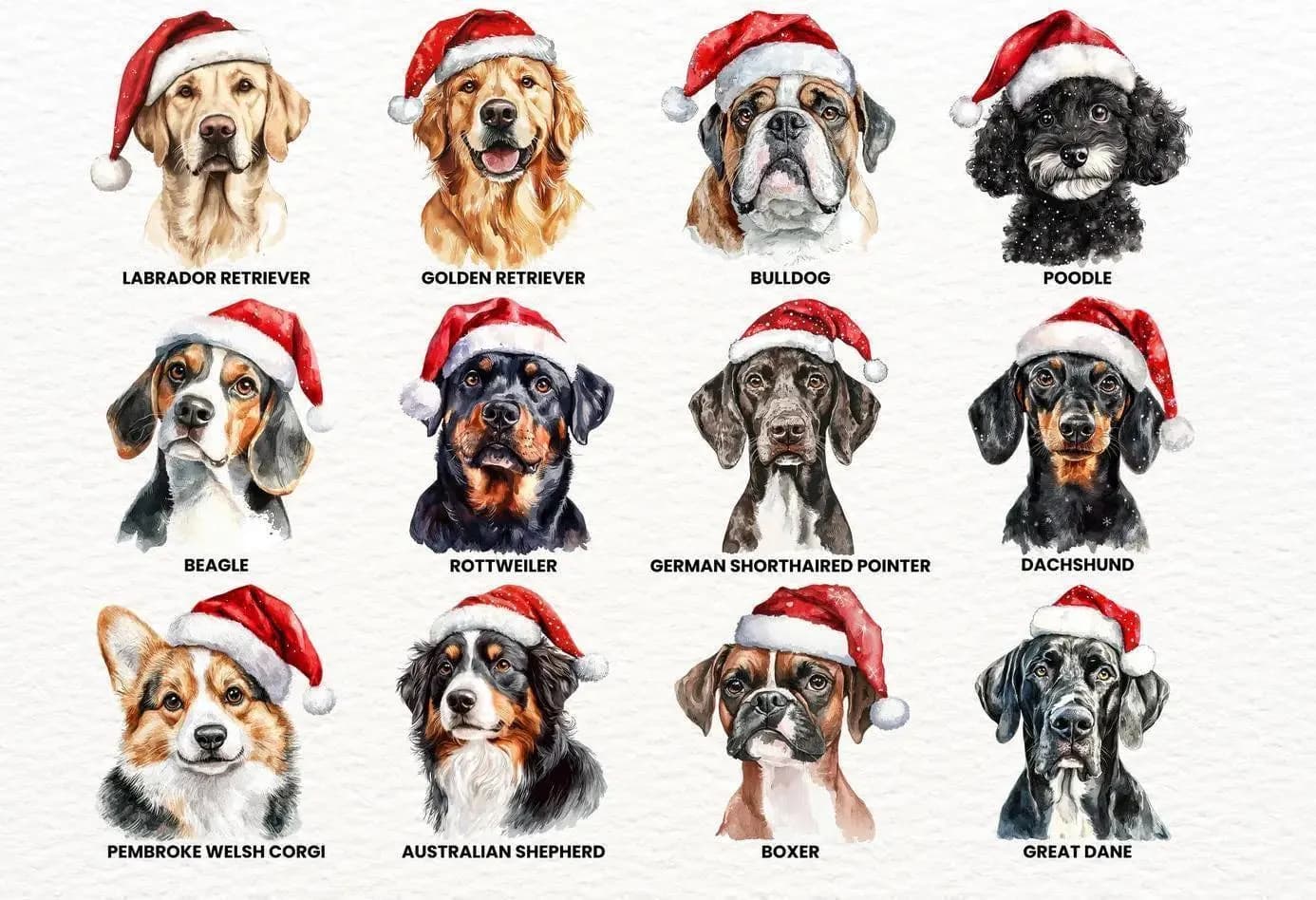 The image is a collage of twelve dog portraits, each wearing a Santa hat, representing different breeds of dogs.