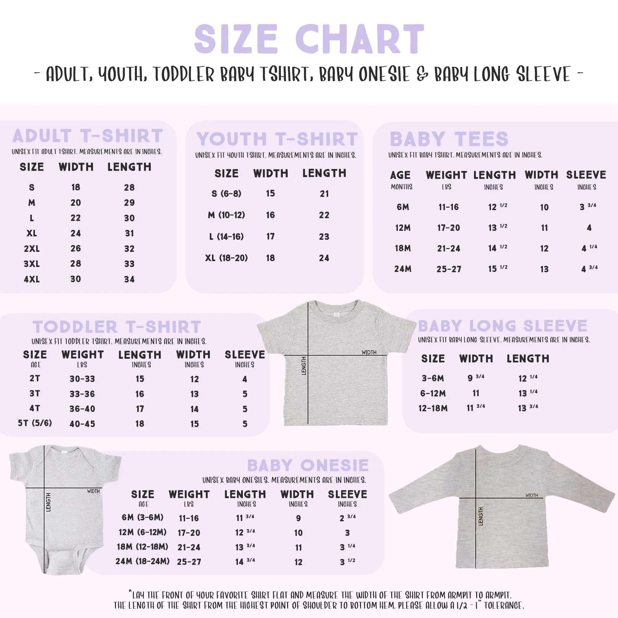 The image is a size chart that provides measurements and sizes for various types of clothing, including adult, youth, toddler, and baby items.