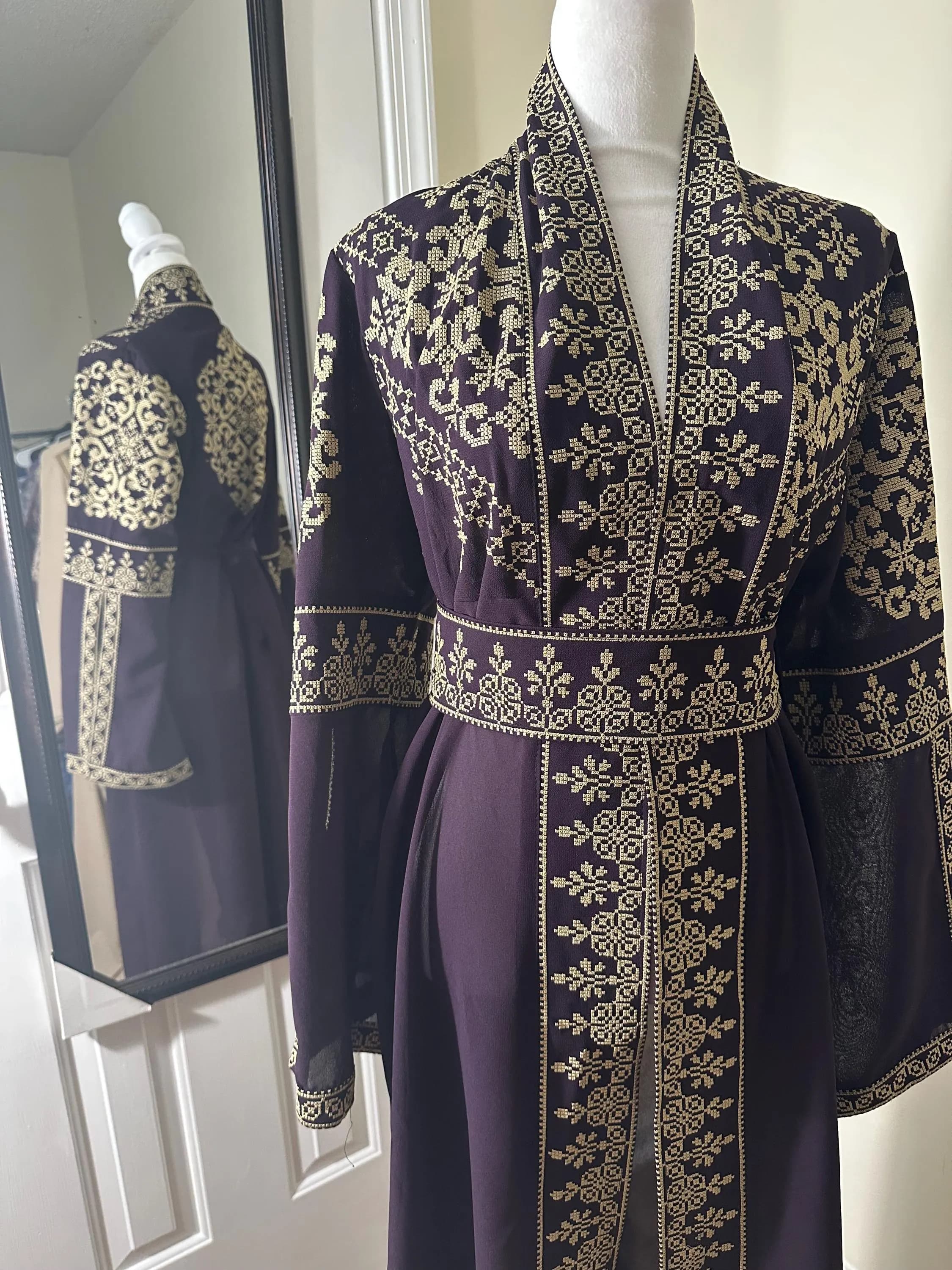 Embroidered Palestinian Thobe: Burgundy & Gold Kaftan Abaya