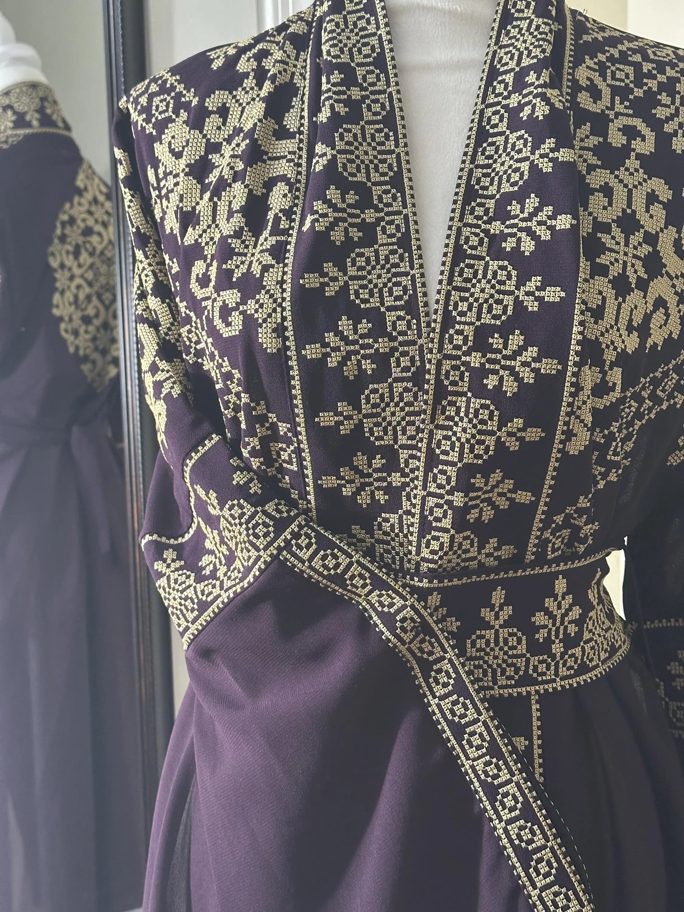 Embroidered Palestinian Thobe: Burgundy & Gold Kaftan Abaya - image 4