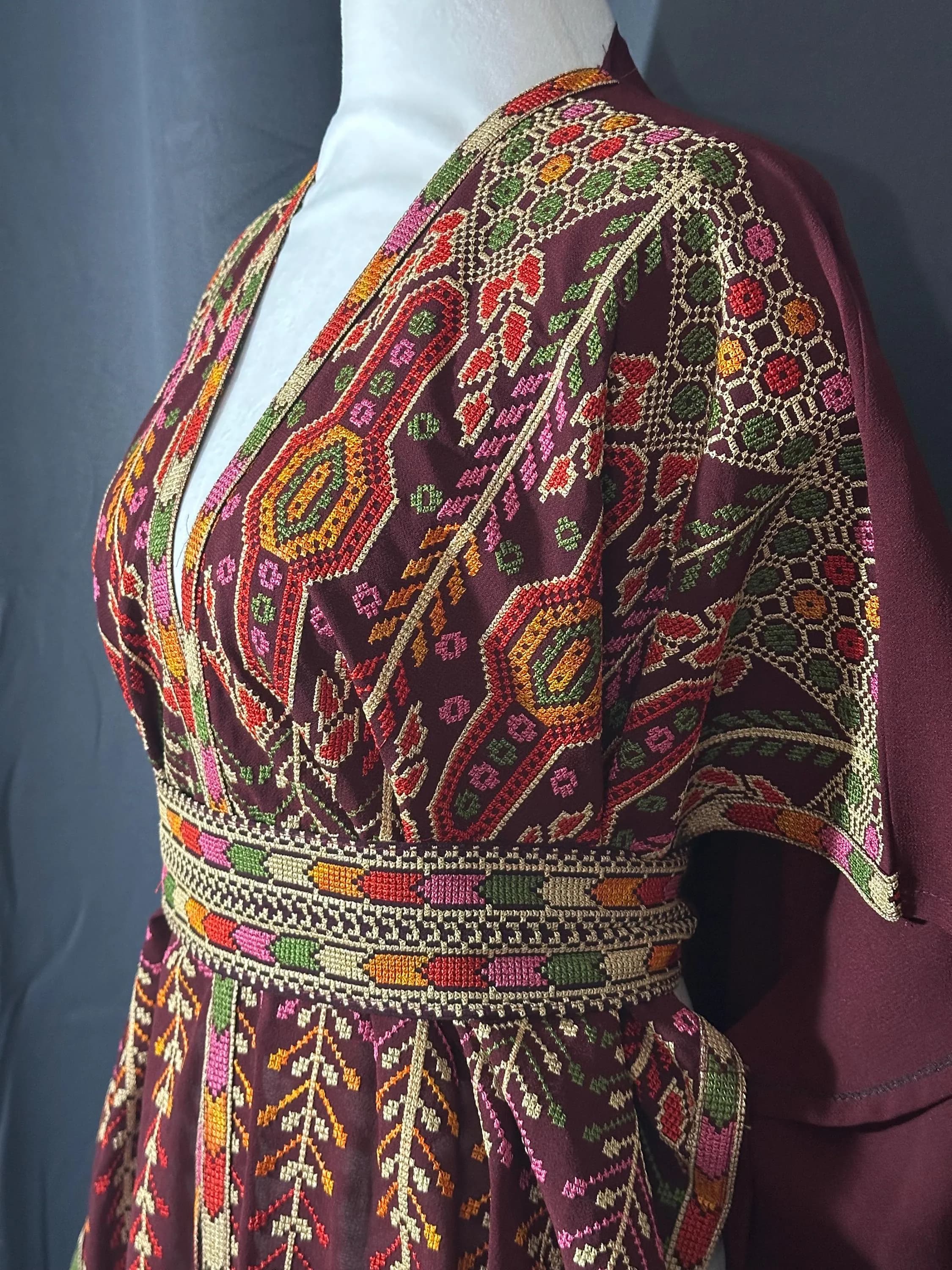 Embroidered Palestinian Abaya, Open Front Bisht Kaftan, Tatreez Eid Dress