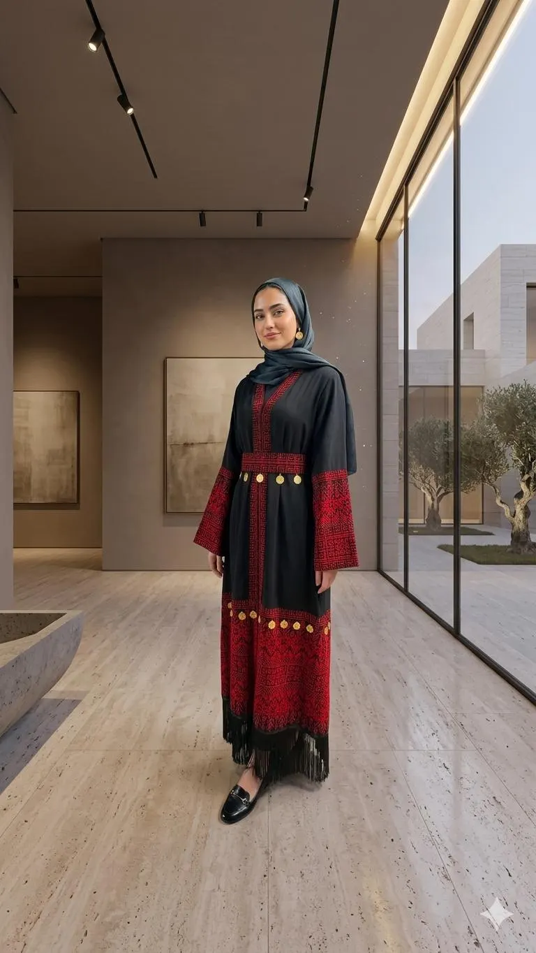 Palestinian Embroidered Abaya, Black Chiffon Kaftan, Gold Coin Accents