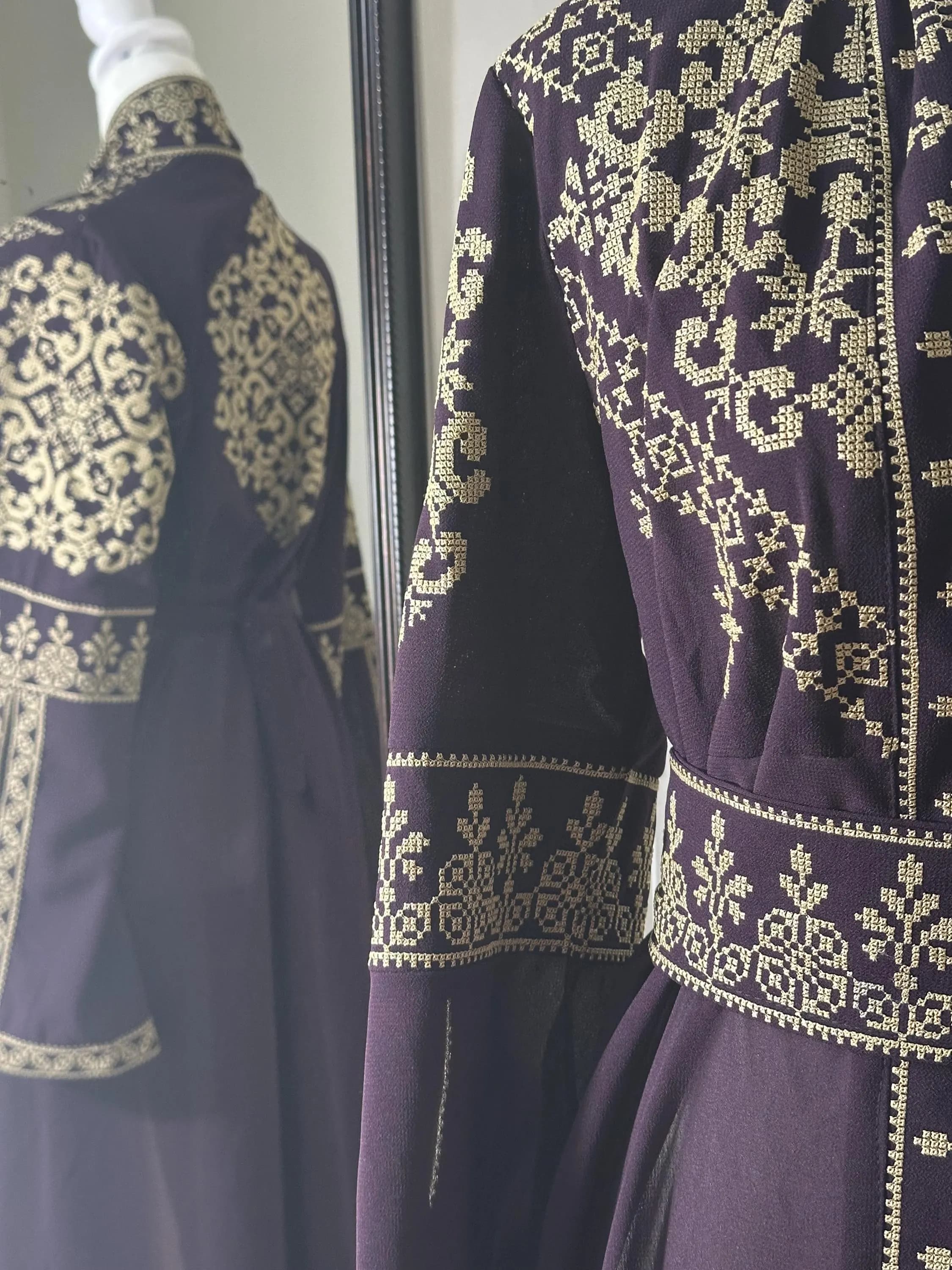 Embroidered Palestinian Thobe: Burgundy & Gold Kaftan Abaya - image 3