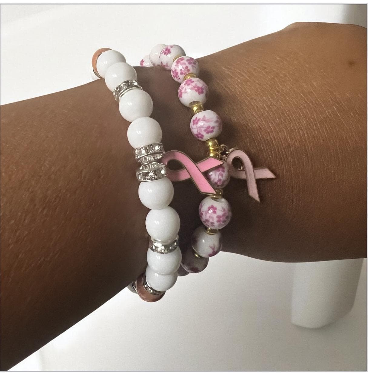 Pink Ribbon Breast Cancer Awareness Bracelet: Pearl Beads, Enamel Charms - image 4
