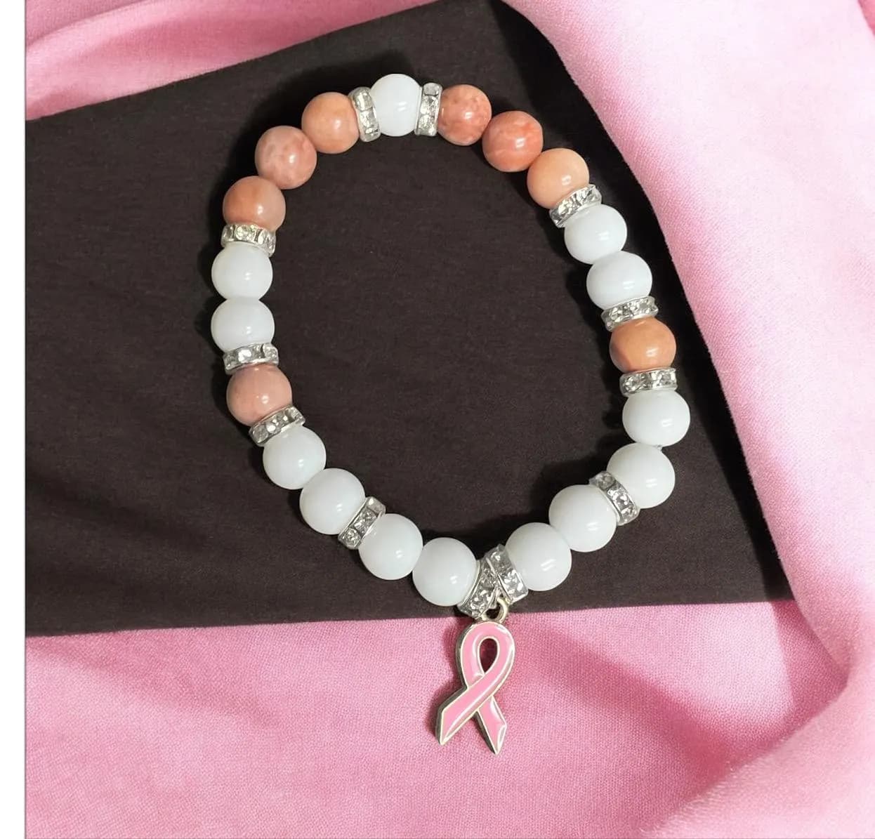 Pink Ribbon Breast Cancer Awareness Bracelet: Pearl Beads, Enamel Charms - image 5