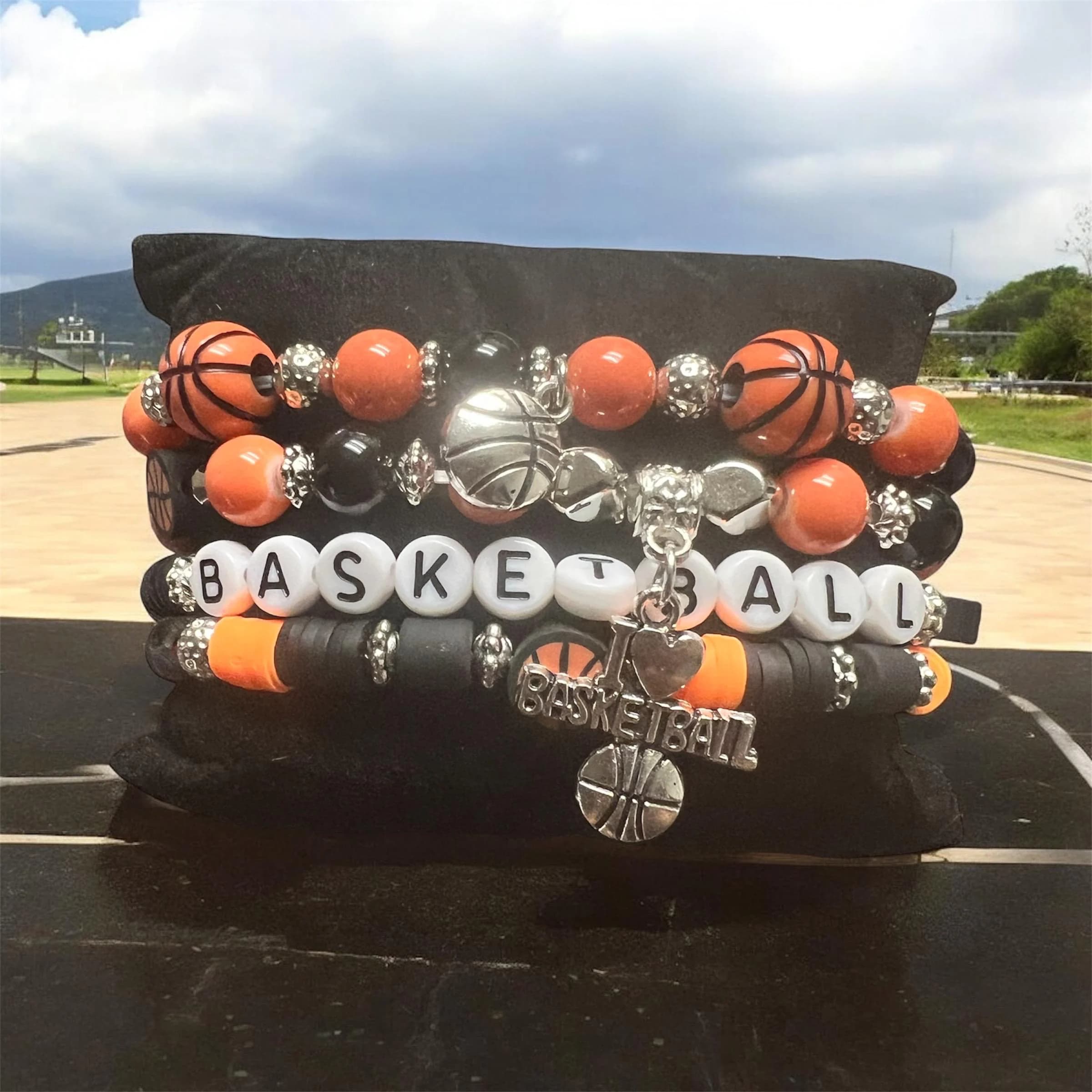 Basketball Charm Bracelet: Orange, Black, White Resin Beads