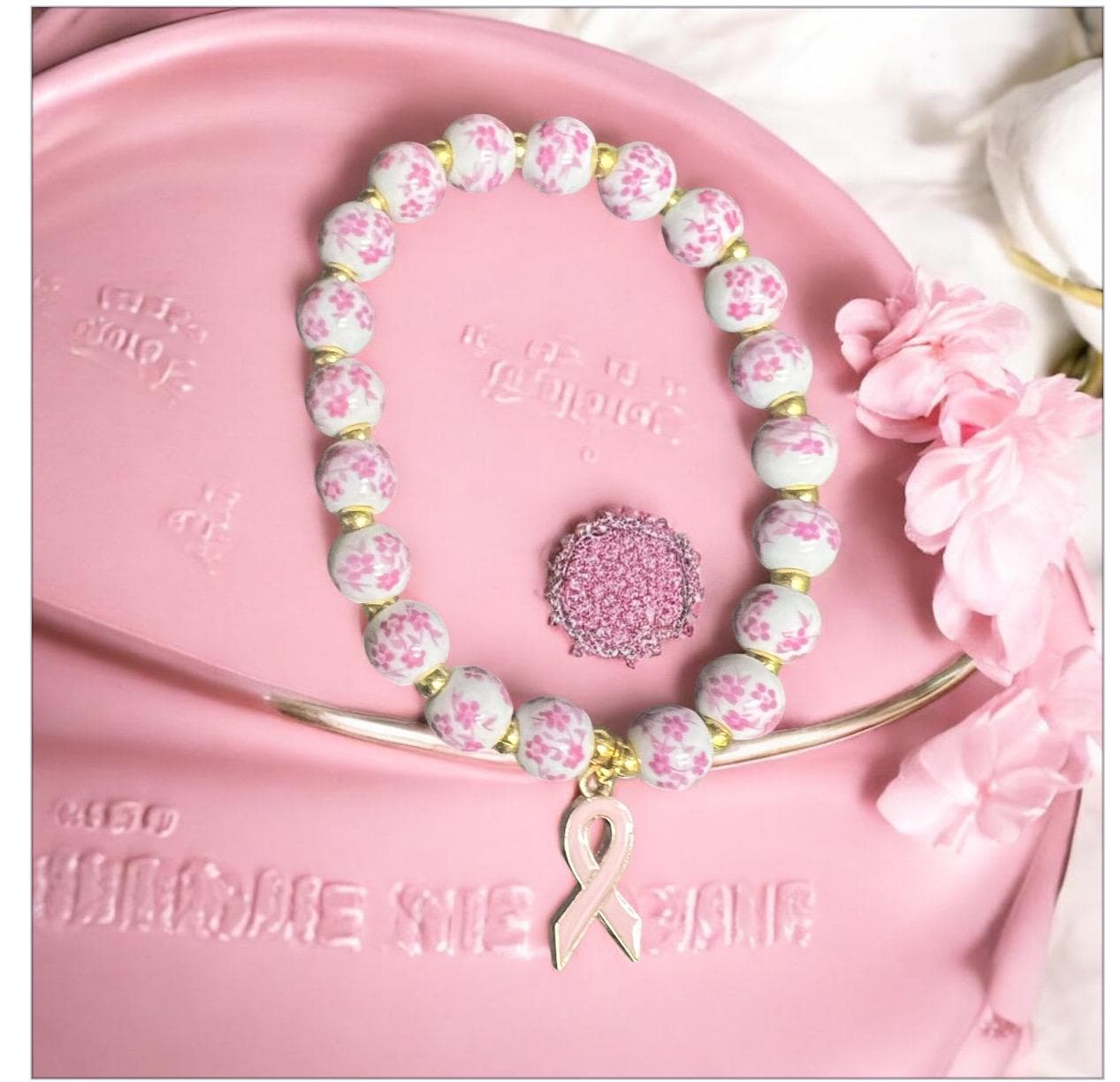 Pink Ribbon Breast Cancer Awareness Bracelet: Pearl Beads, Enamel Charms - image 3