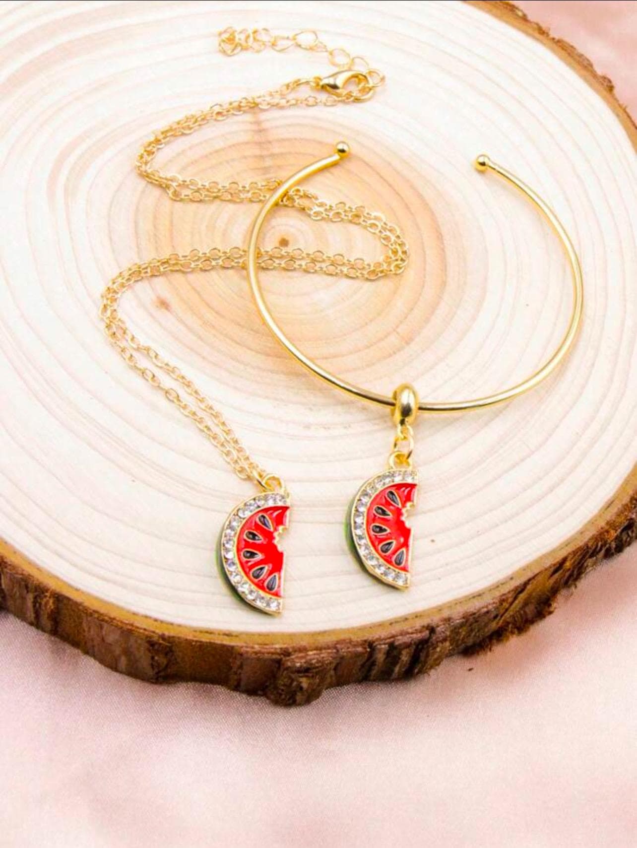 Watermelon Charm Palestine Necklace & Bracelet Set: Gold Plated Jewelry