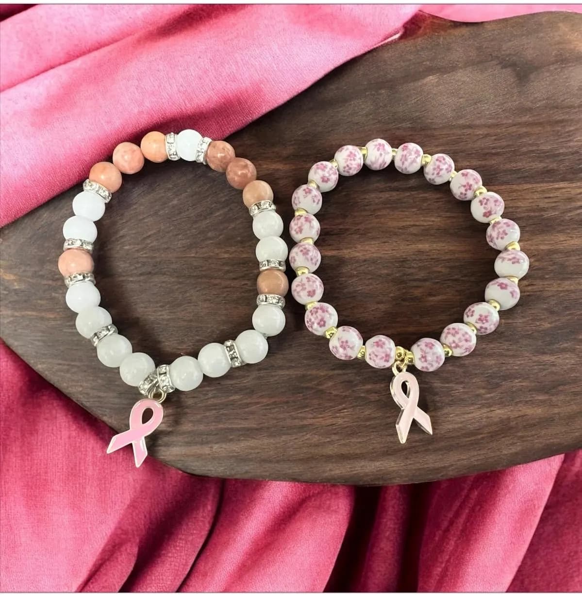 Pink Ribbon Breast Cancer Awareness Bracelet: Pearl Beads, Enamel Charms
