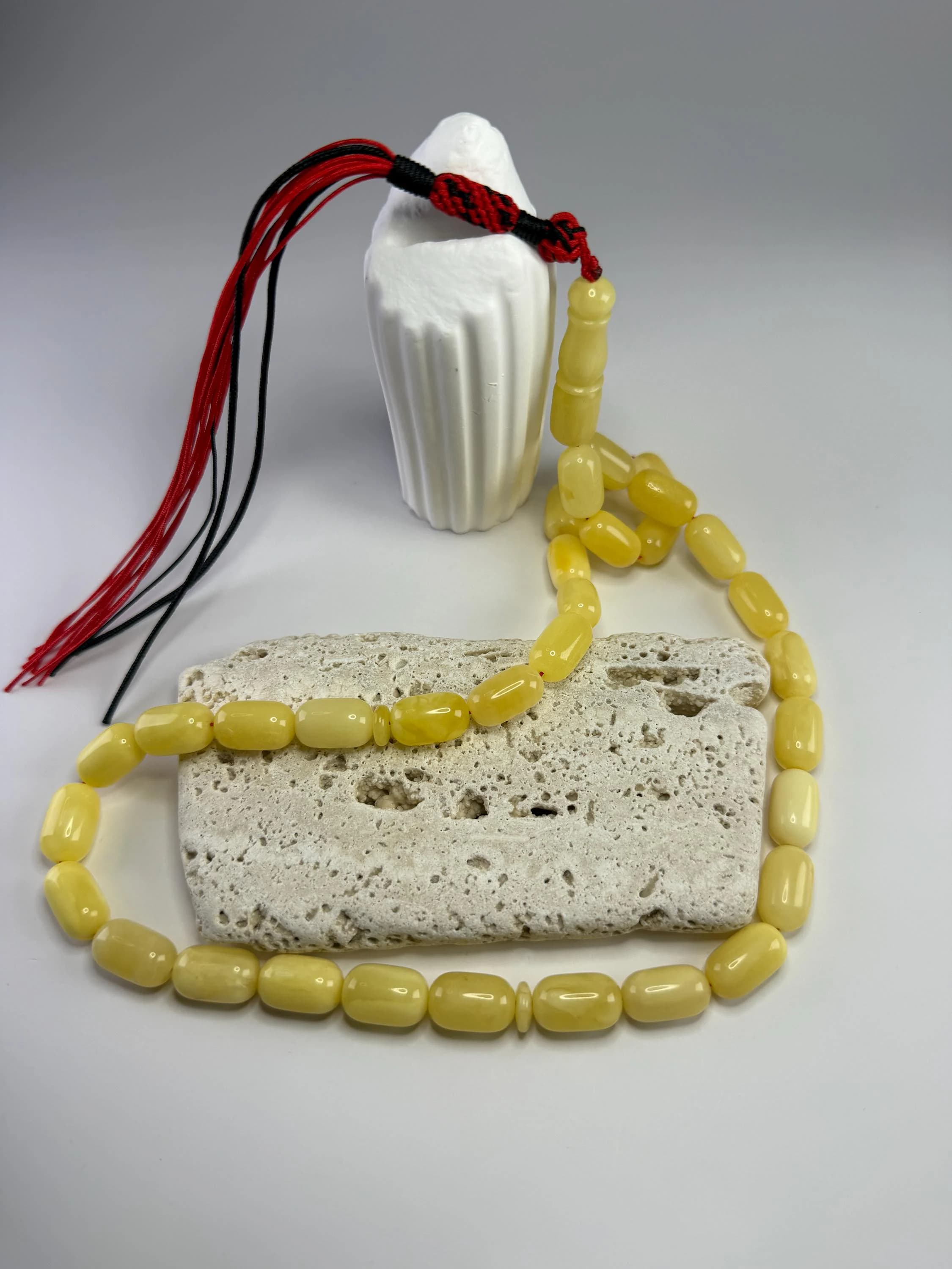Cream Tasbih 33 Beads – 15x9mm Smooth Prayer Beads – Classic Misbaha with Red & Black Tassel - image 4