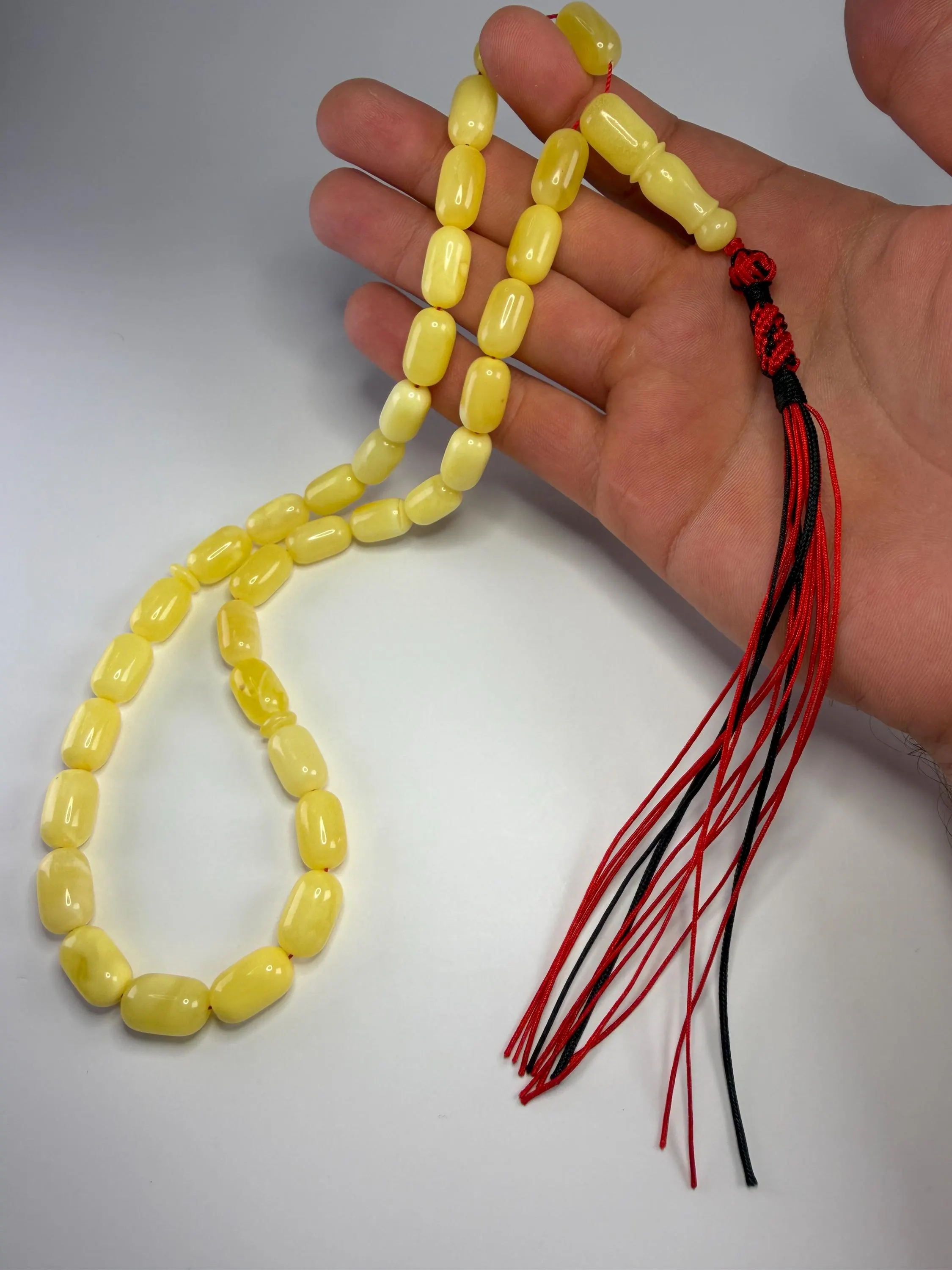 Cream Tasbih 33 Beads – 15x9mm Smooth Prayer Beads – Classic Misbaha with Red & Black Tassel - image 5