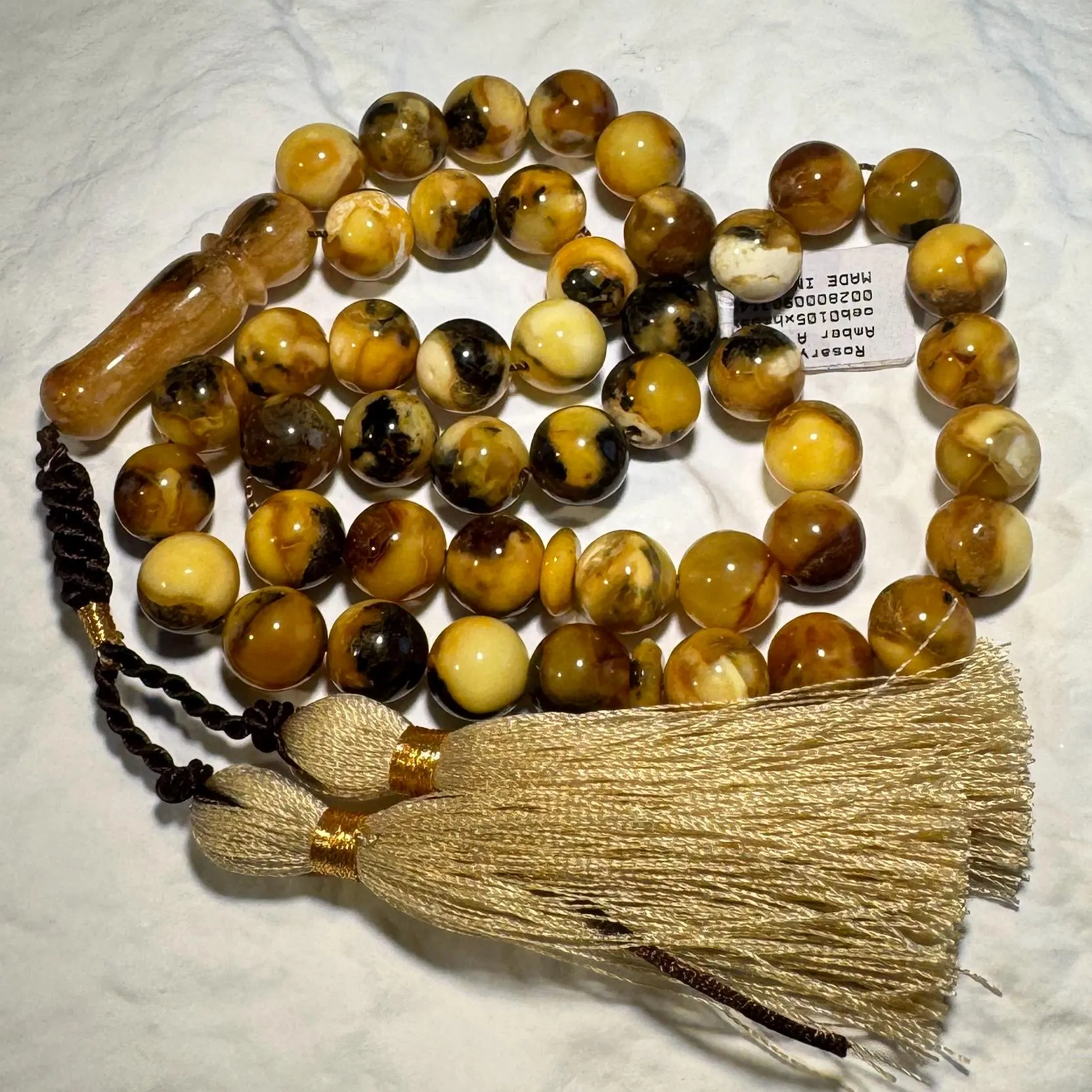 Amber prayer beads – 45 Beads Handmade Misbaha with Cream Gold Tassel