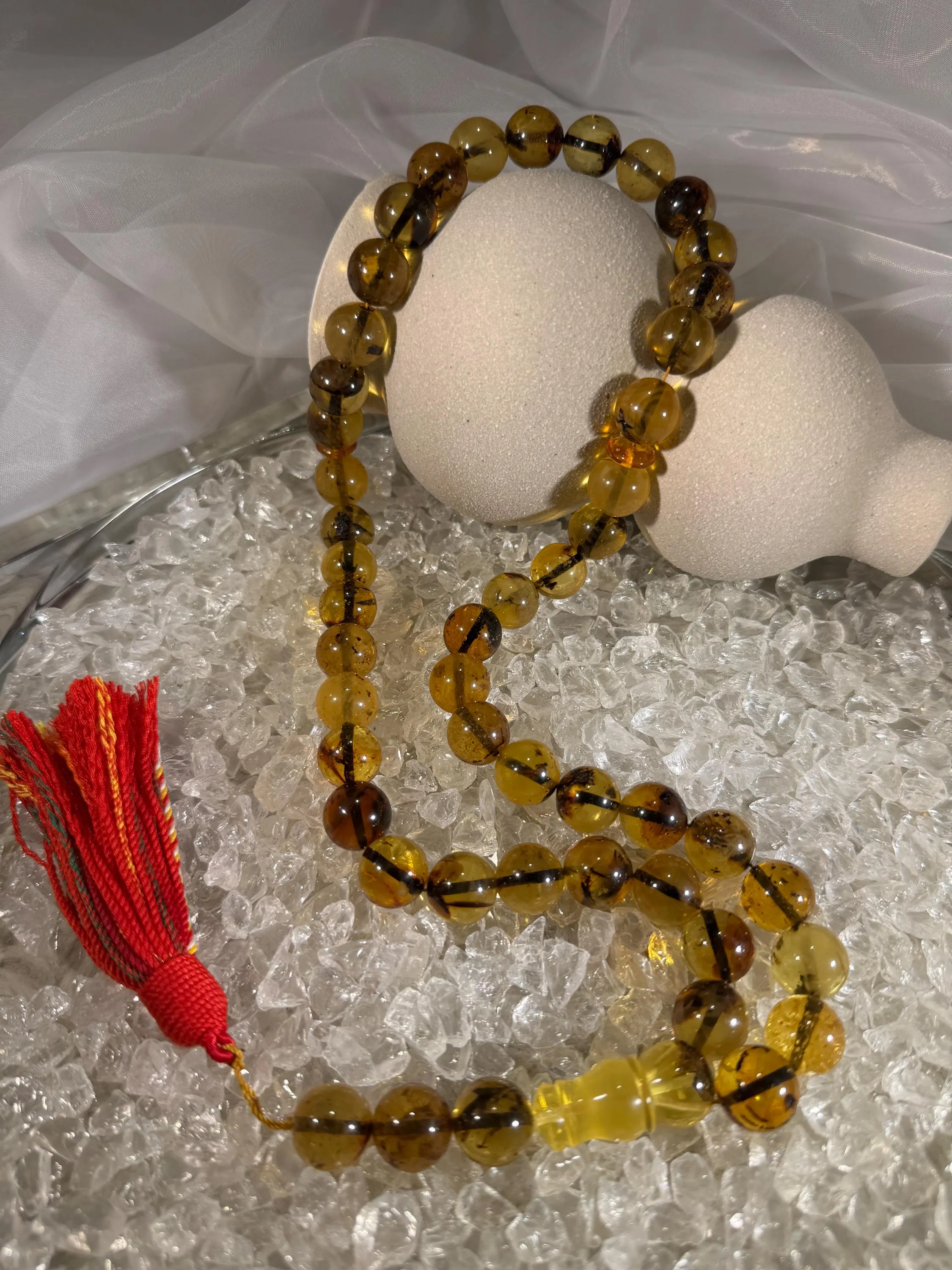 Handmade Baltic amber prayer beads tasbih – authentic Islamic misbaha for dhikr, meditation, and daily prayer.