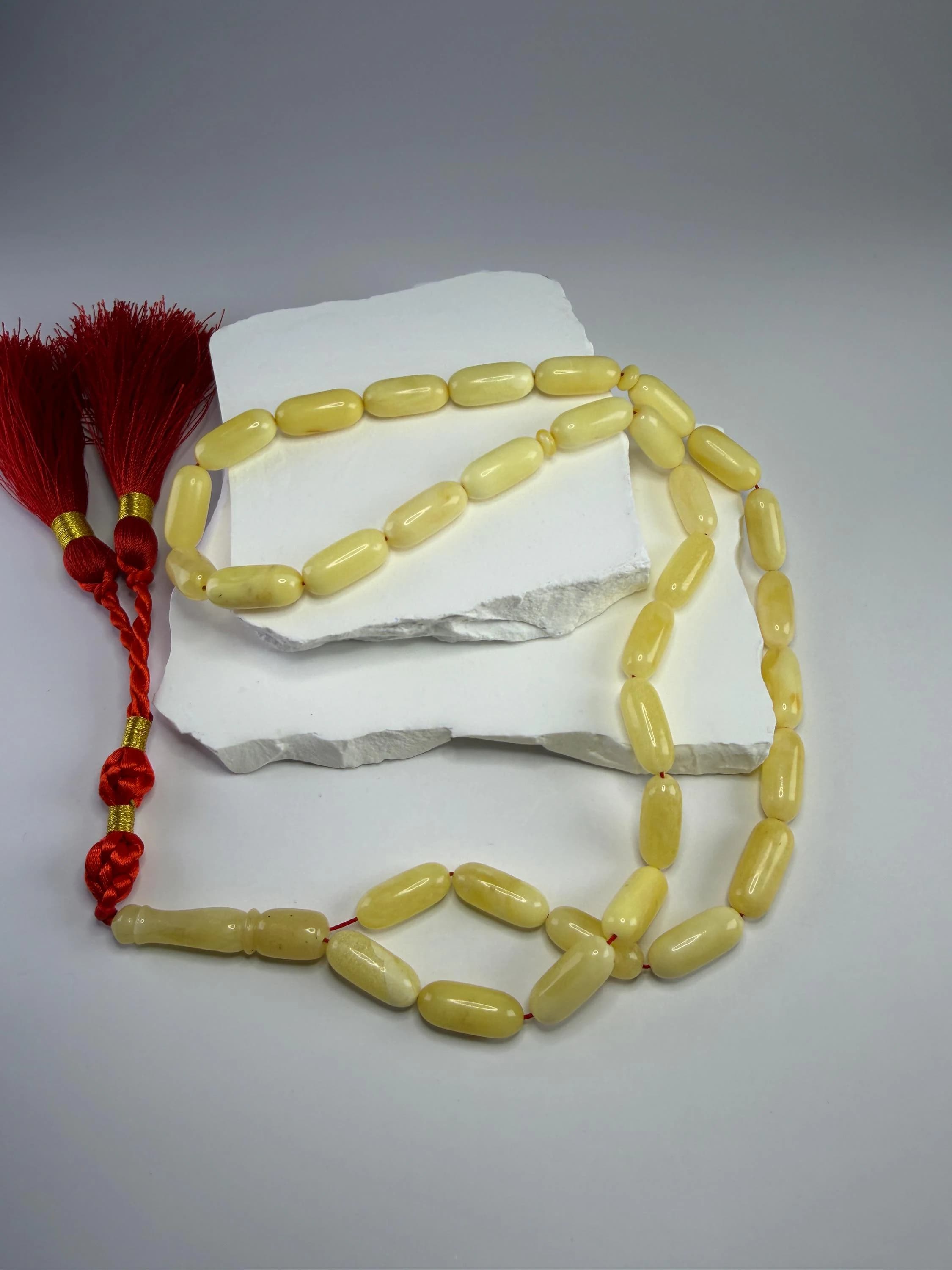 Cream Tasbih 33 Beads – 12.5x8mm Smooth Prayer Beads – Classic Misbaha with Red Tassel