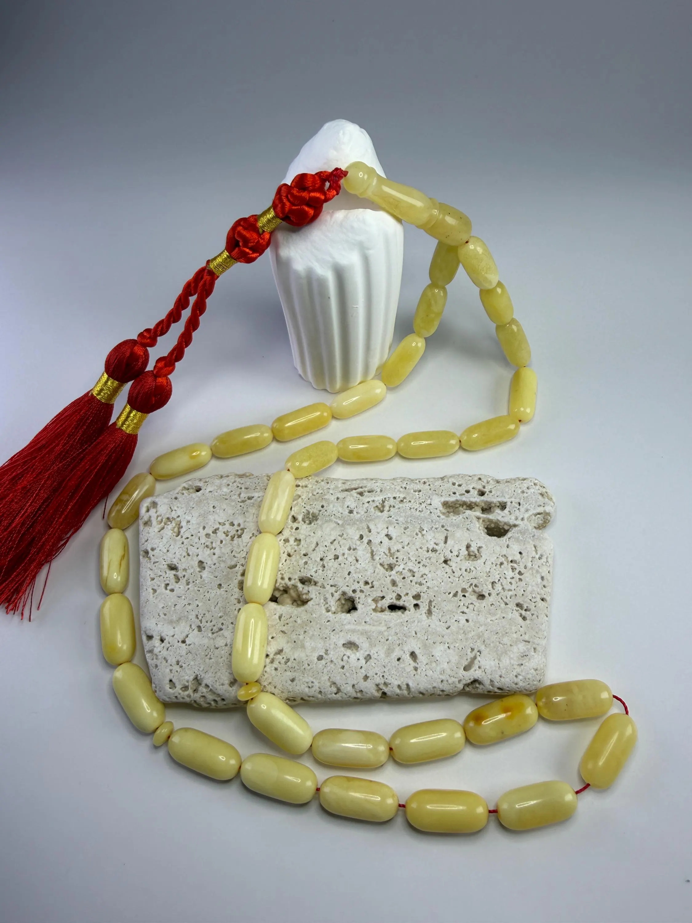 Cream Tasbih 33 Beads – 12.5x8mm Smooth Prayer Beads – Classic Misbaha with Red Tassel - image 5