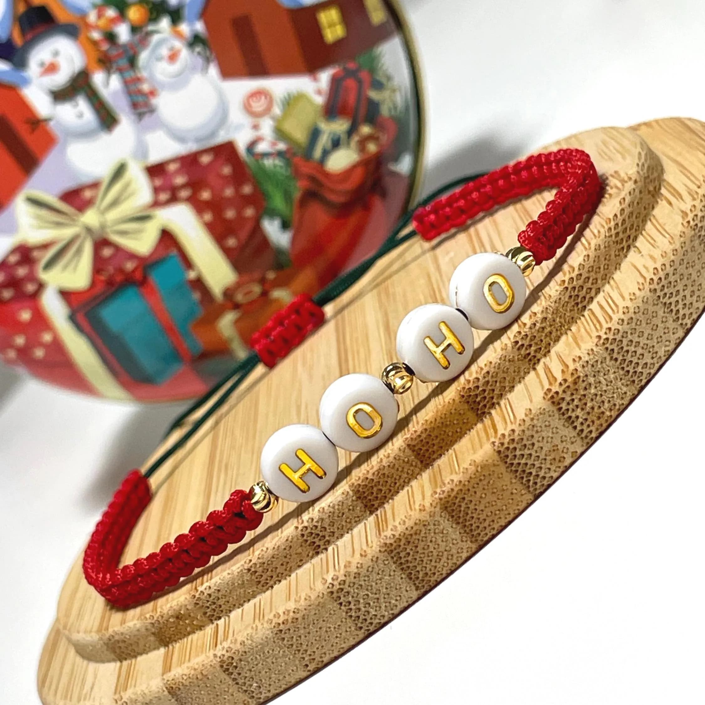Ho Ho Christmas Beaded Bracelet: Red Macrame Holiday, New Year's Jewelry for Coworkers