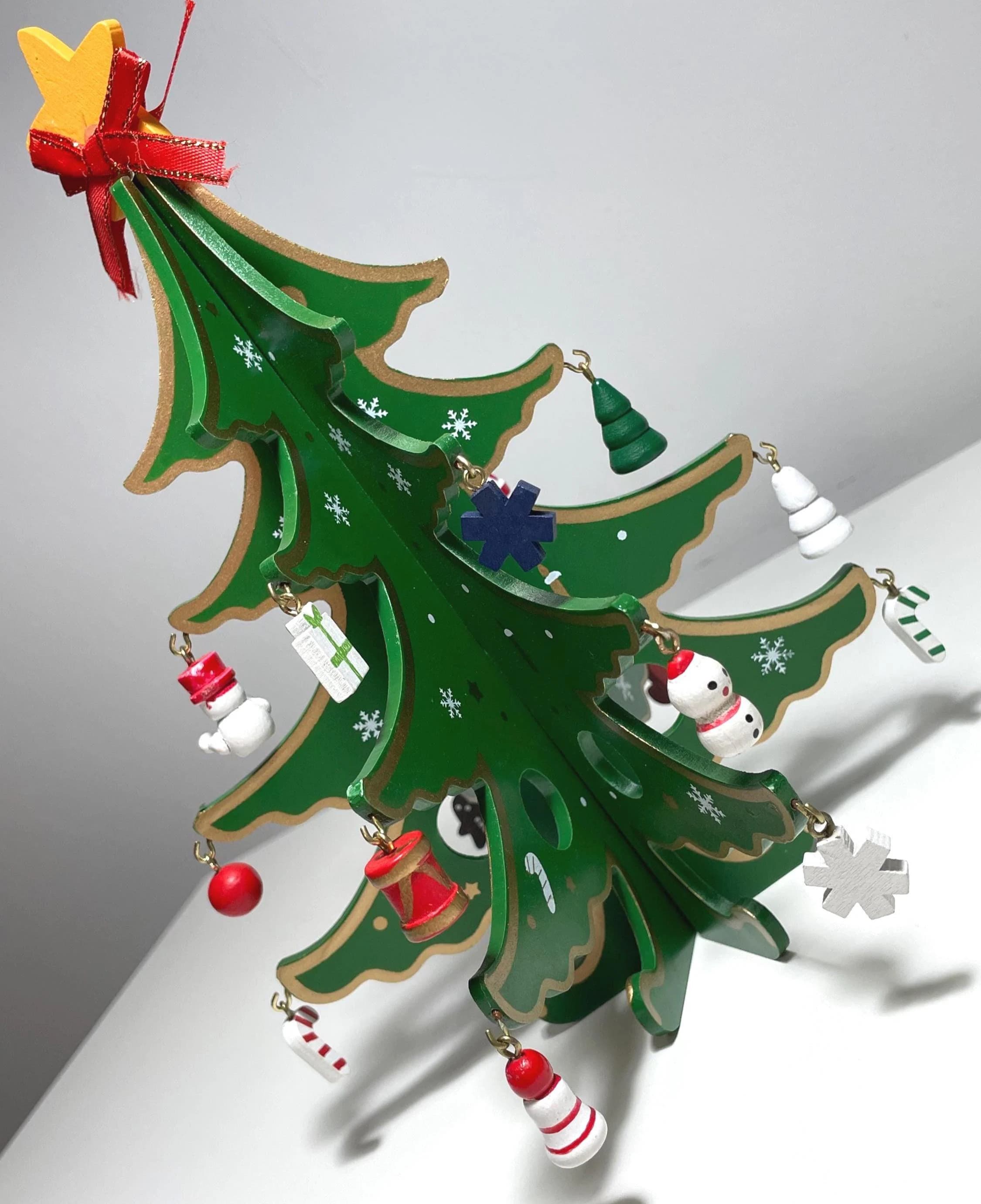 Wooden Christmas Tree Display Stand with Detachable Ornaments: Xmas Tabletop Decor, DIY Holiday Decoration