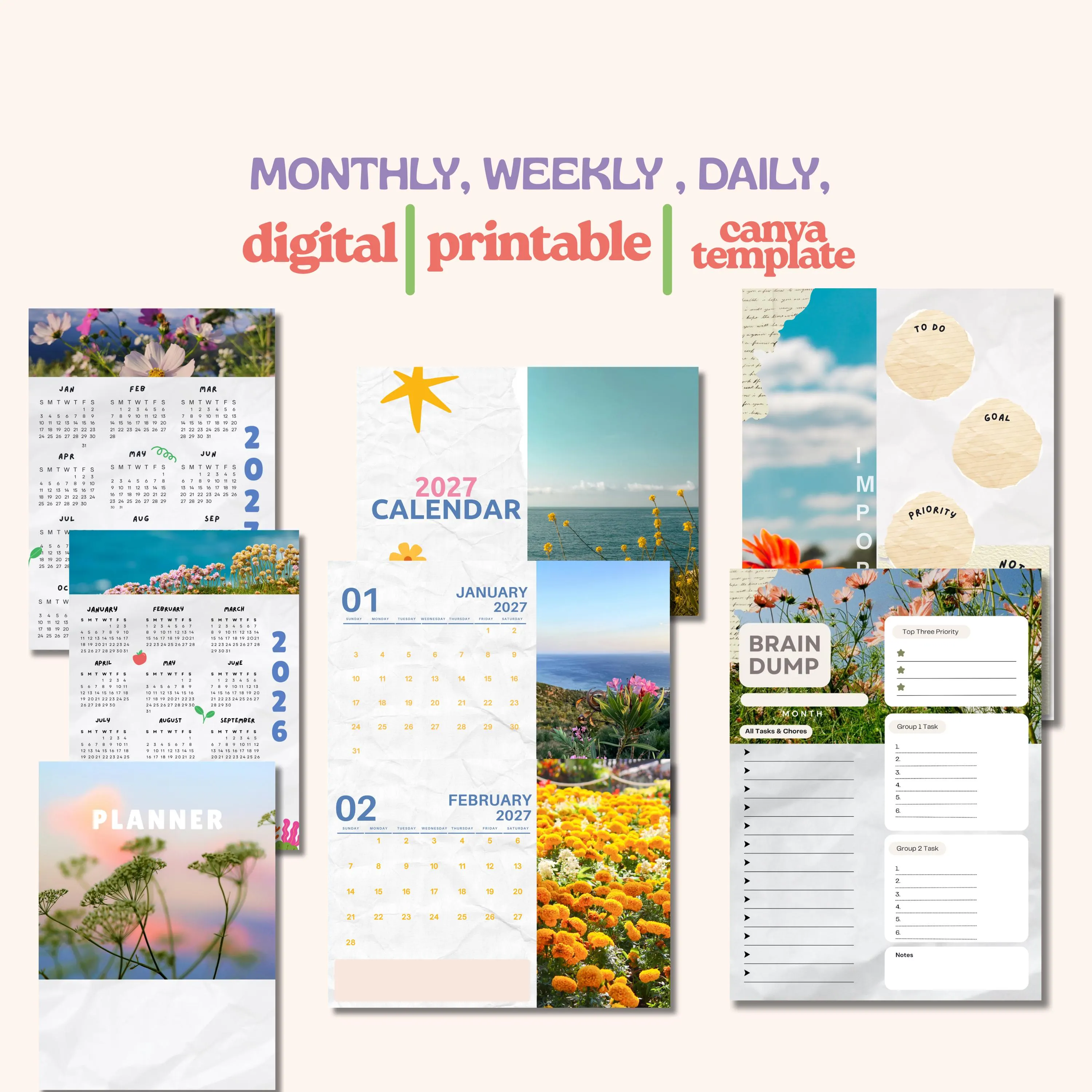 Floral Planner Bundle: Daily, Weekly, Monthly, Yearly (Digital Download)