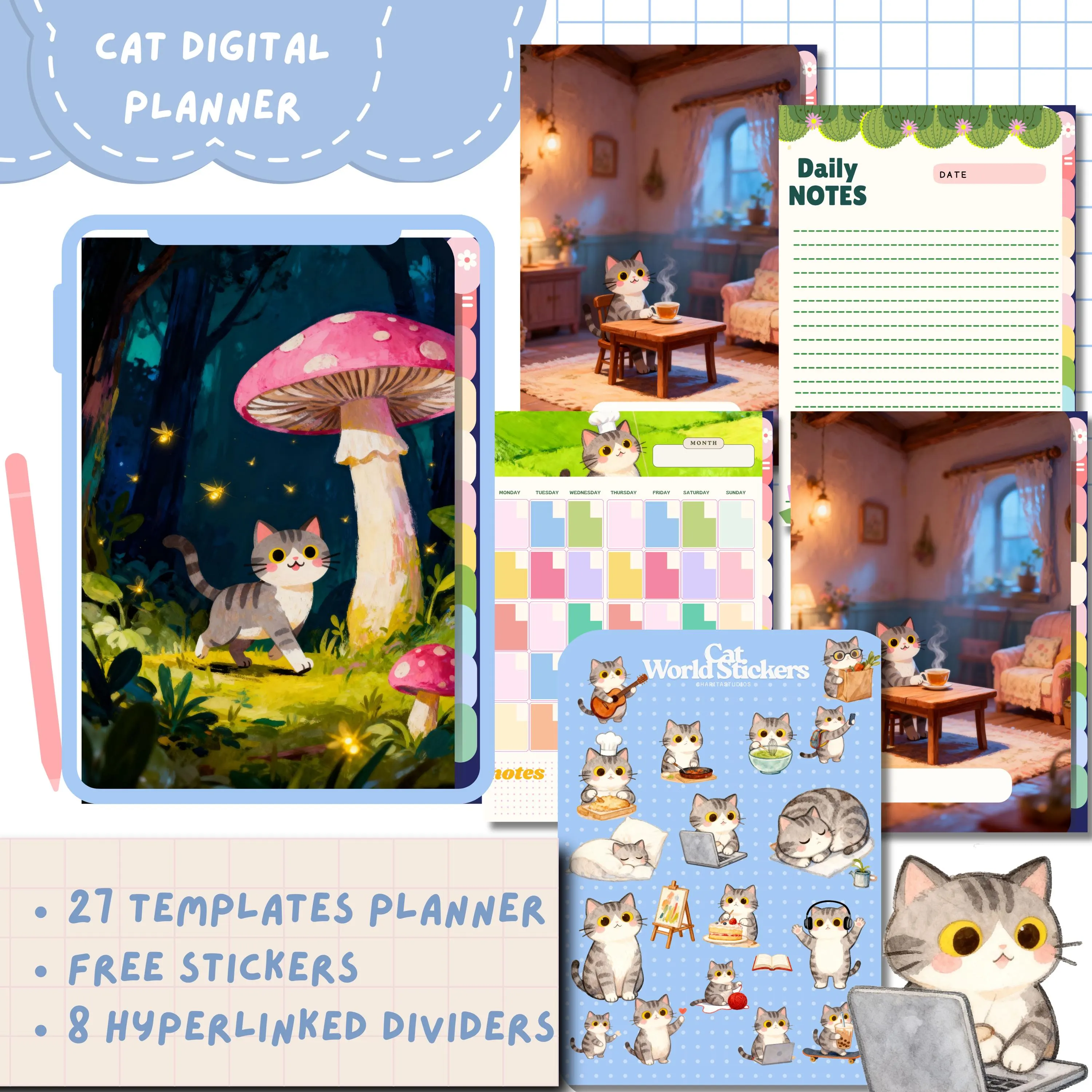 Cat Digital Planner, Journal, GoodNotes, Kawaii Stickers (Digital Download)
