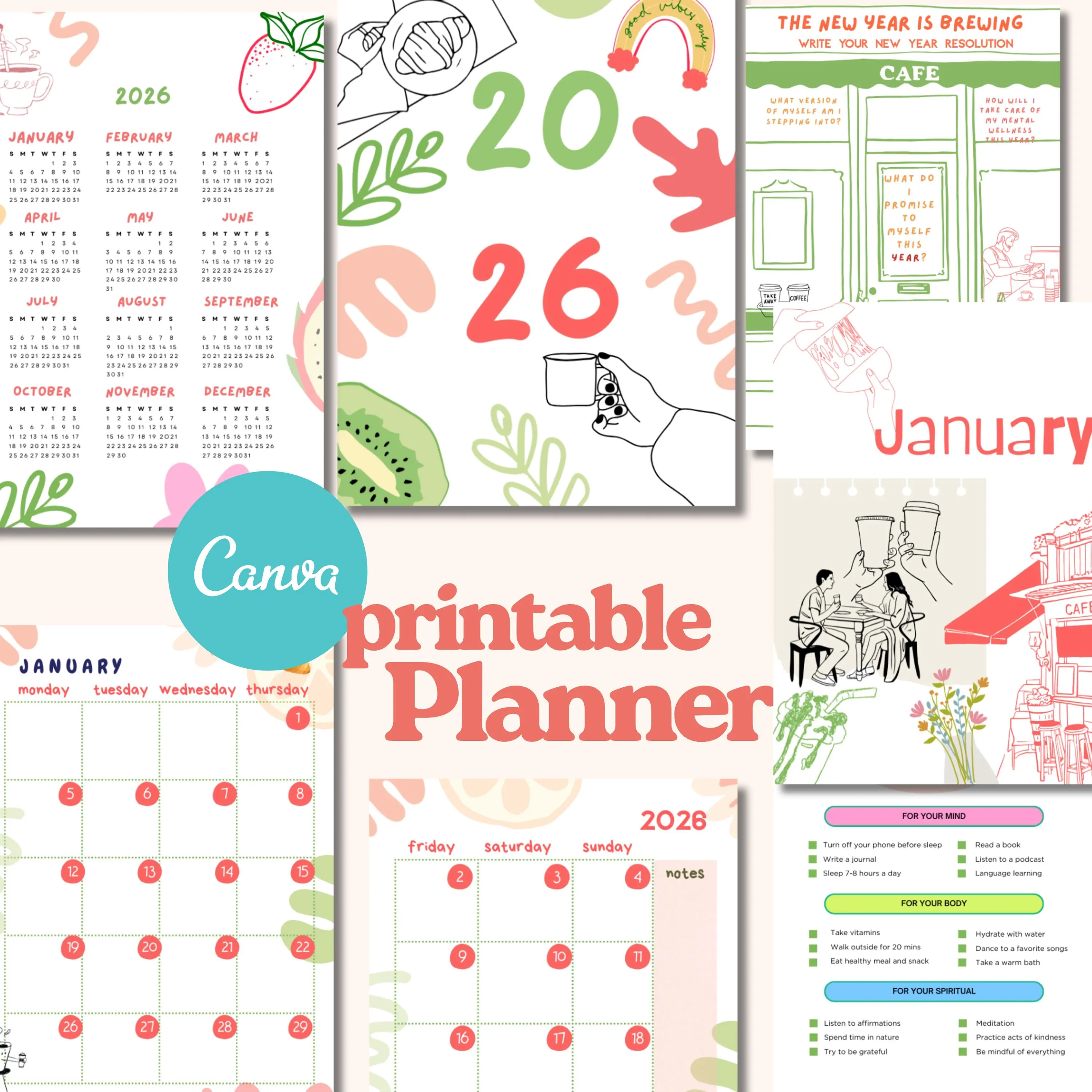 2026 Planner: Daily, Weekly, Monthly Calendar (Editable Canva Template, Printable PDF)