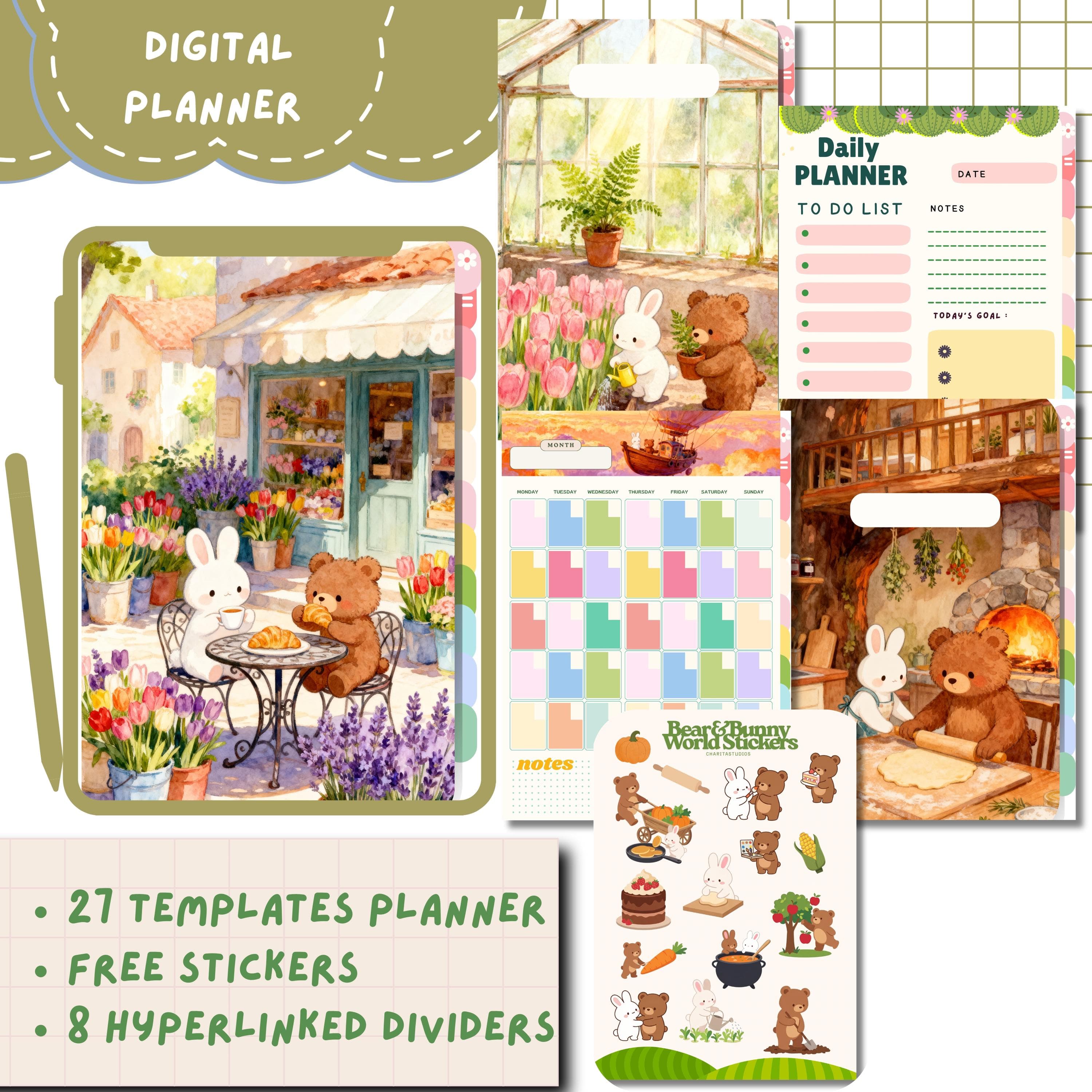 Cozy Bear Bunny Watercolor Digital Planner (GoodNotes, Stickers)