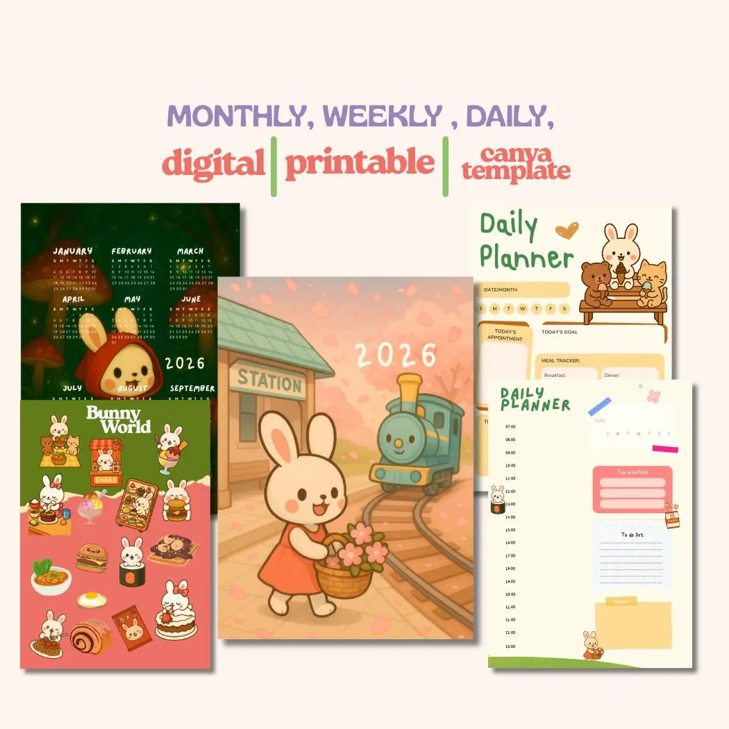 Kawaii Bunny Planner: Daily, Weekly, Monthly Calendar (Printable PDF Bundle)