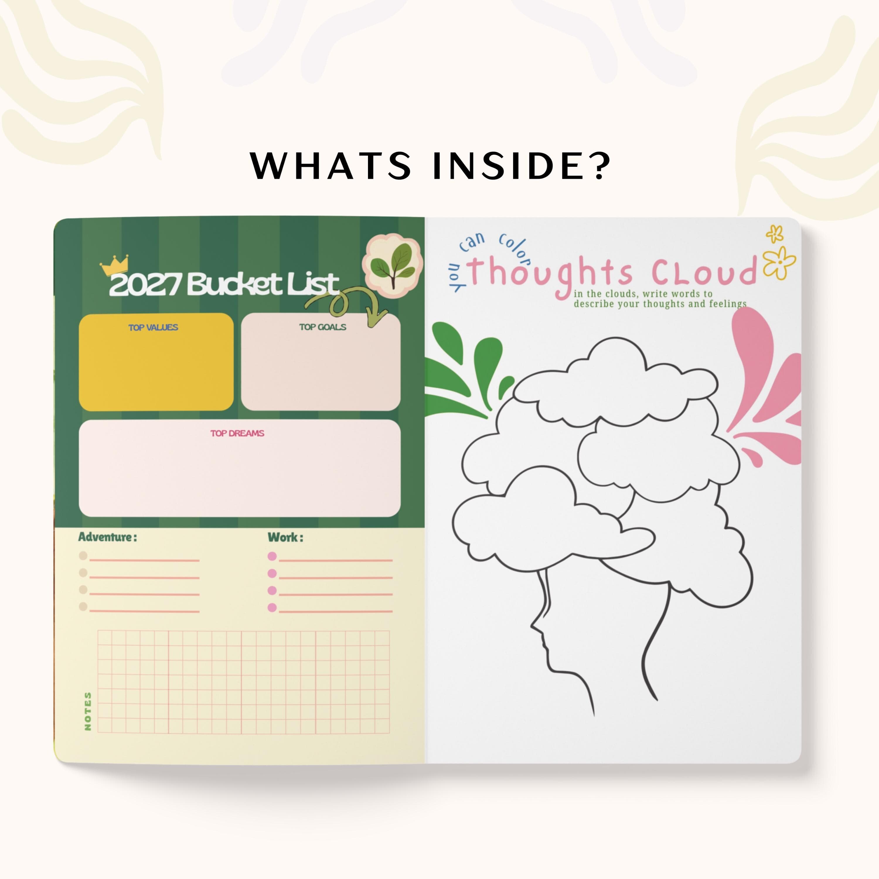 Undated Matcha 2027 planner listing graphic showing a personalized cover, 2027 calendar spread, and interior goals tracker with savings jar tracker