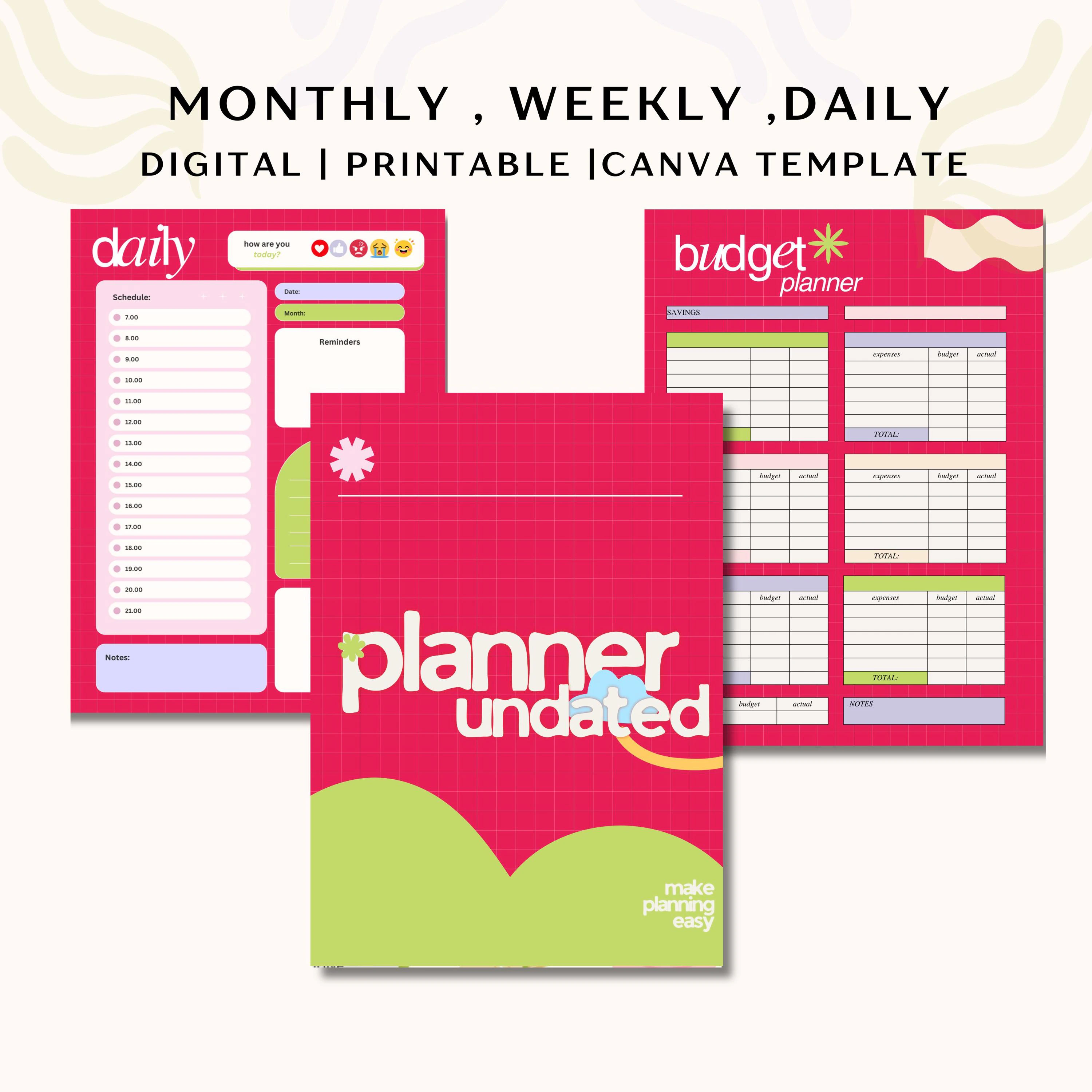Daily Weekly Monthly Planner Bundle, Digital Planner, Printable Planner, Canva Template, Undated Planner, Budget Planner, Editable Planner