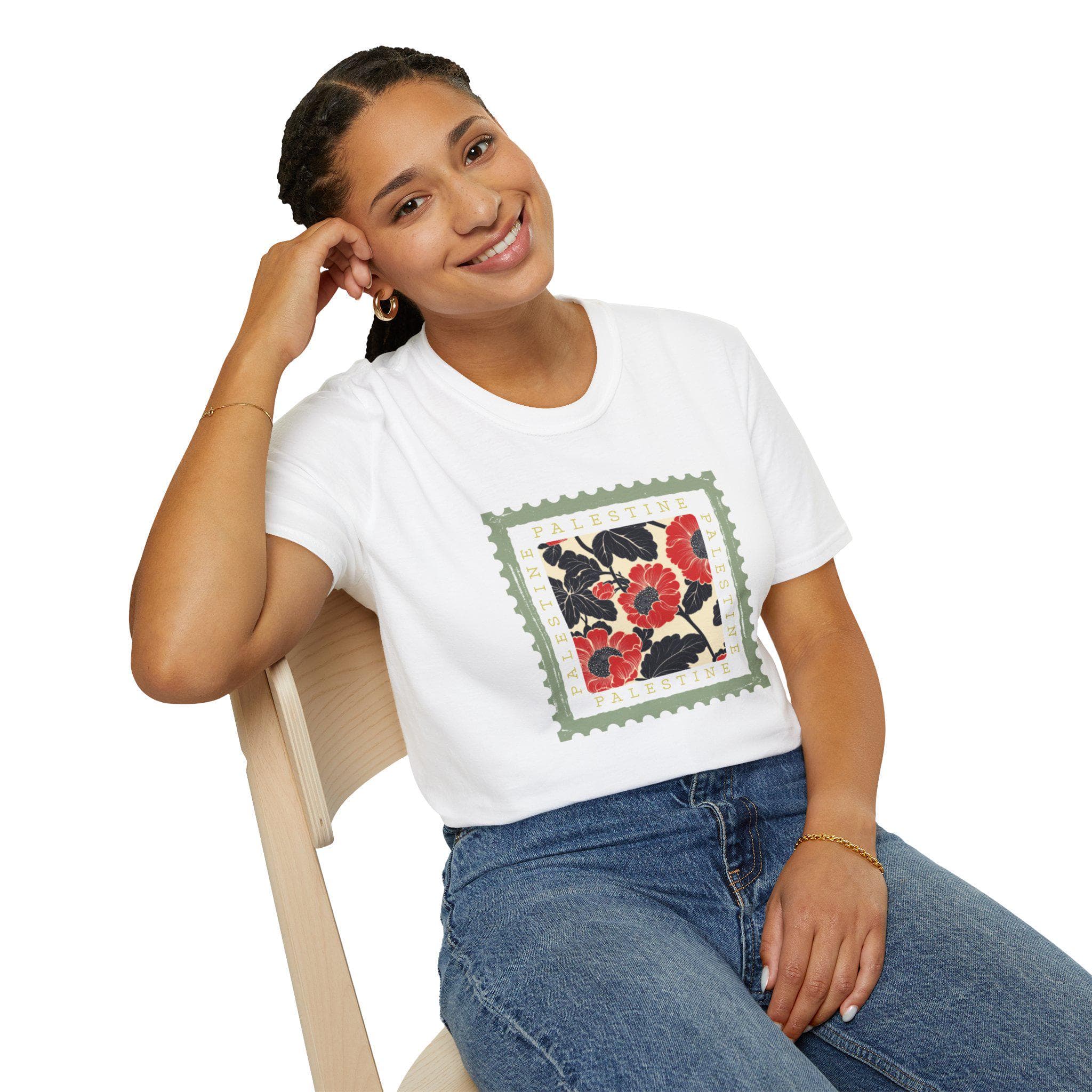 Palestine Poppies Stamp T-Shirt | Unisex Softstyle Lightweight Graphic Tee Casual Shirt | Gift Idea, Ramadan, Eid | Support Palestine - image 5