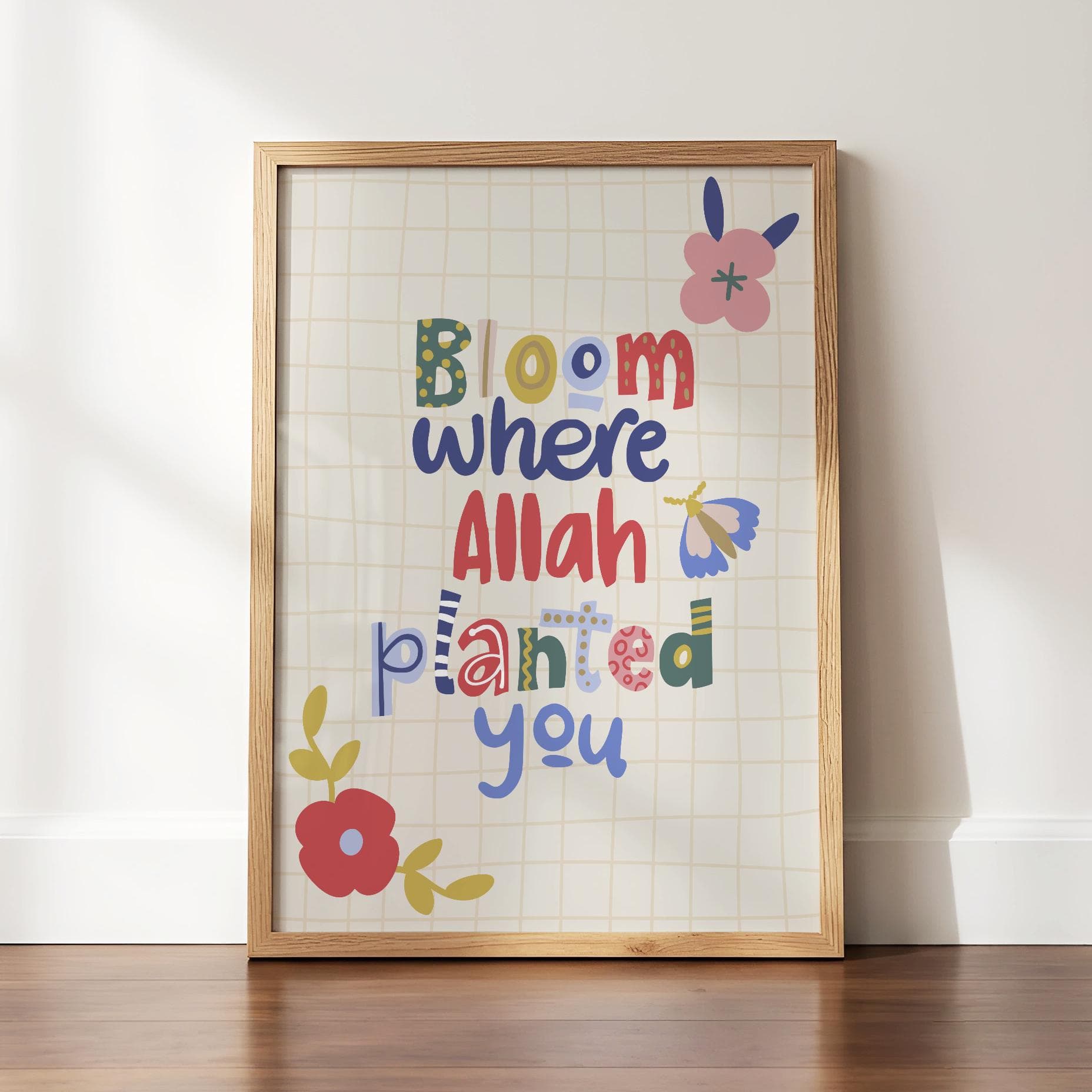 Bloom Where Allah Planted You Prints, Islamic Colorful Home Decor, Muslim Nursery Wall Art