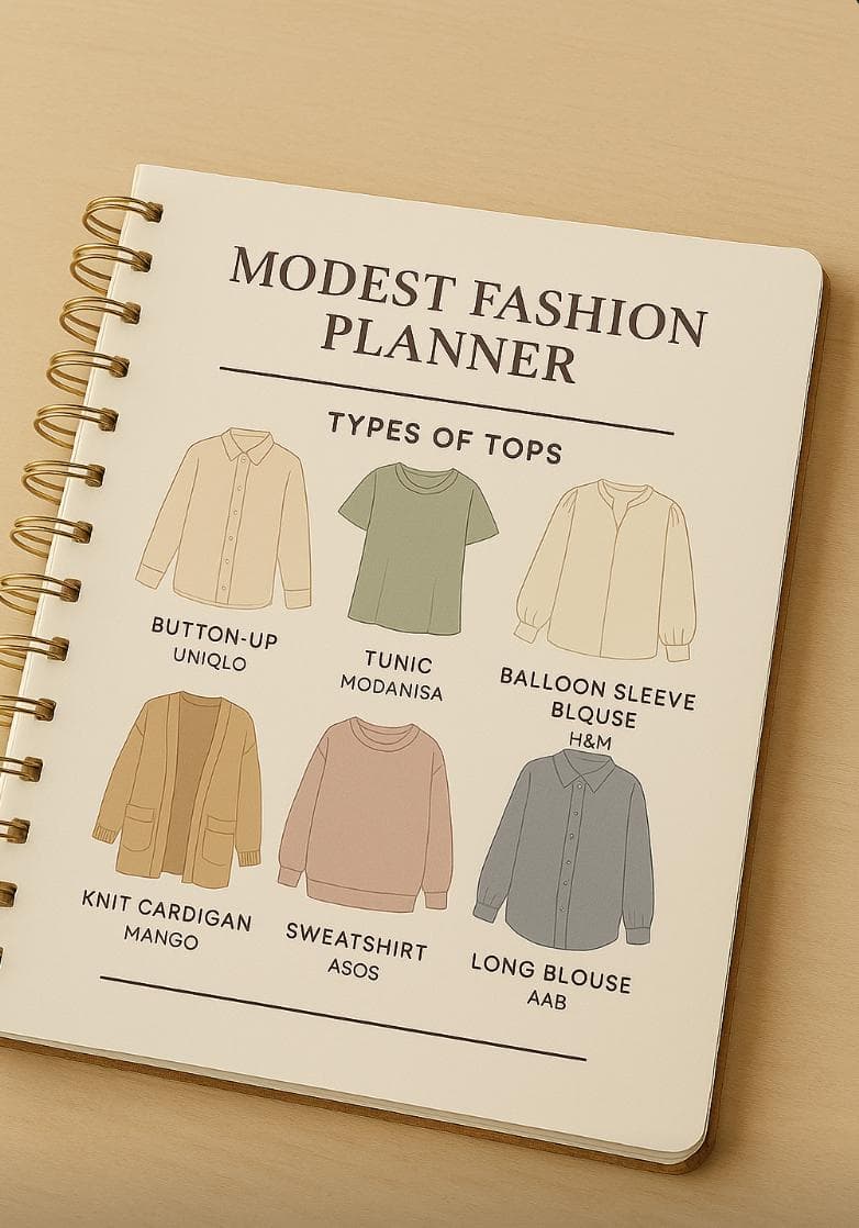 Digital Modest Fashion Planner – Neutral Basics | Muslim Wardrobe Organizer | Tops & Pants Outfits for Ramadan, Travel, and Daily Wear